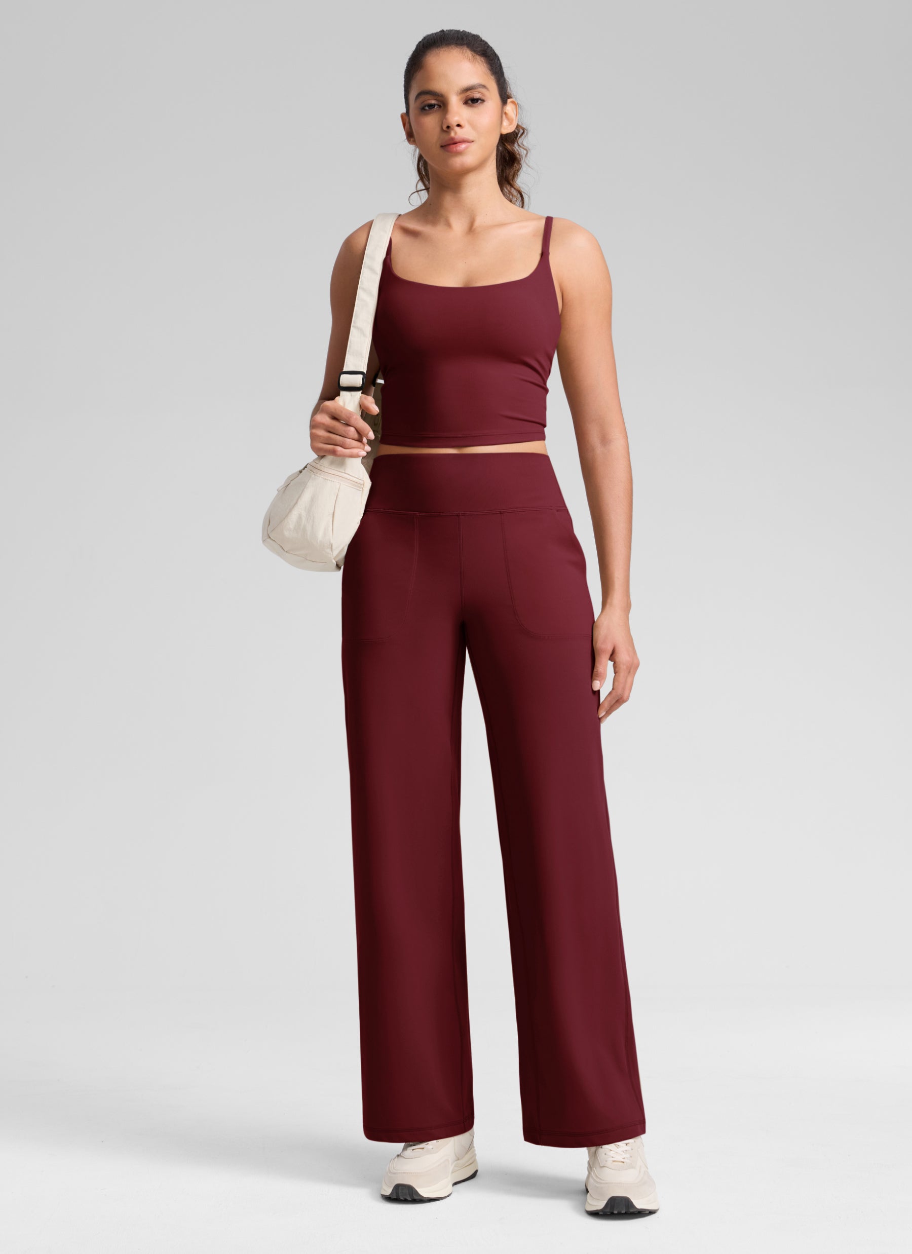 CRZ YOGA Women's Butterlift High Waisted Wide Leg Pants with Pockets Burgundy Bay @model_info:Q1