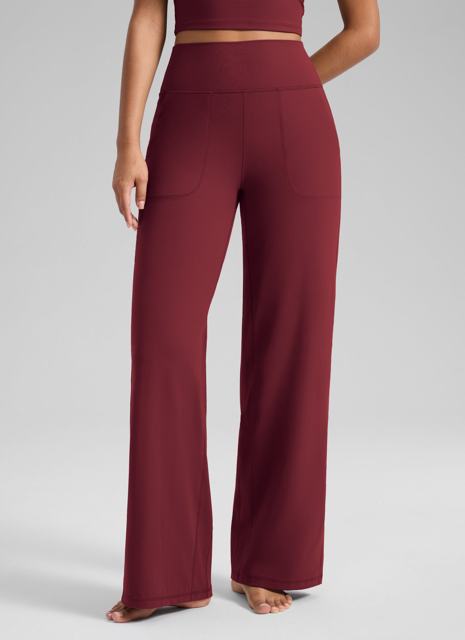CRZ YOGA Women's Butterlift High Waisted Wide Leg Pants with Pockets Burgundy Bay @model_info:S1