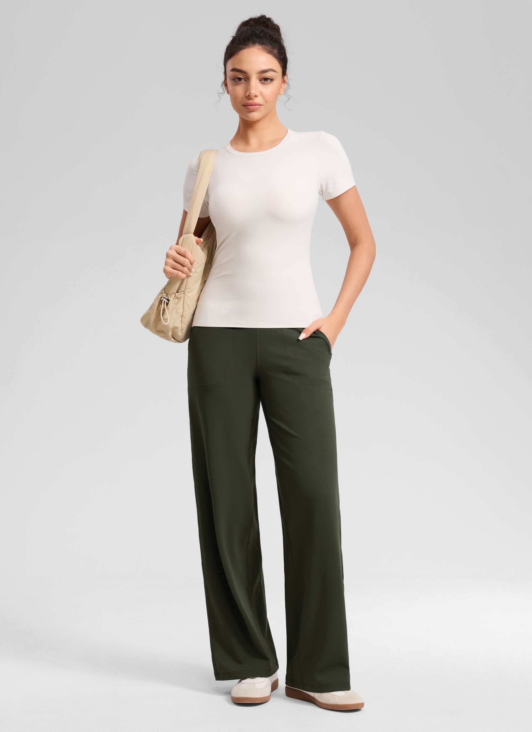 CRZ YOGA Women's Butterlift High Waisted Wide Leg Pants with Pockets Olive Green @model_info:Anano