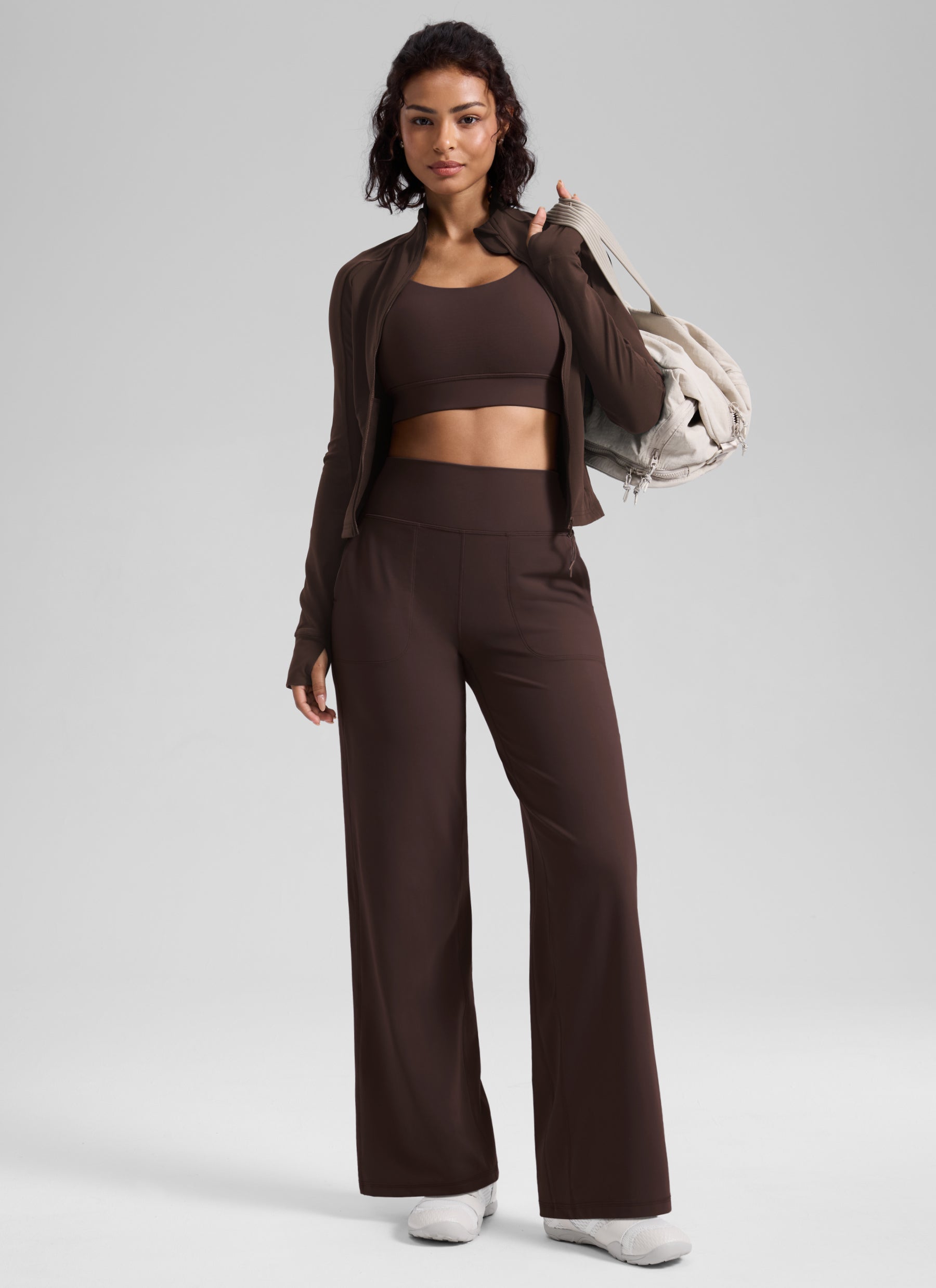 CRZ YOGA Women's Butterlift High Waisted Wide Leg Pants with Pockets Hot Fudge Brown @model_info:Q1