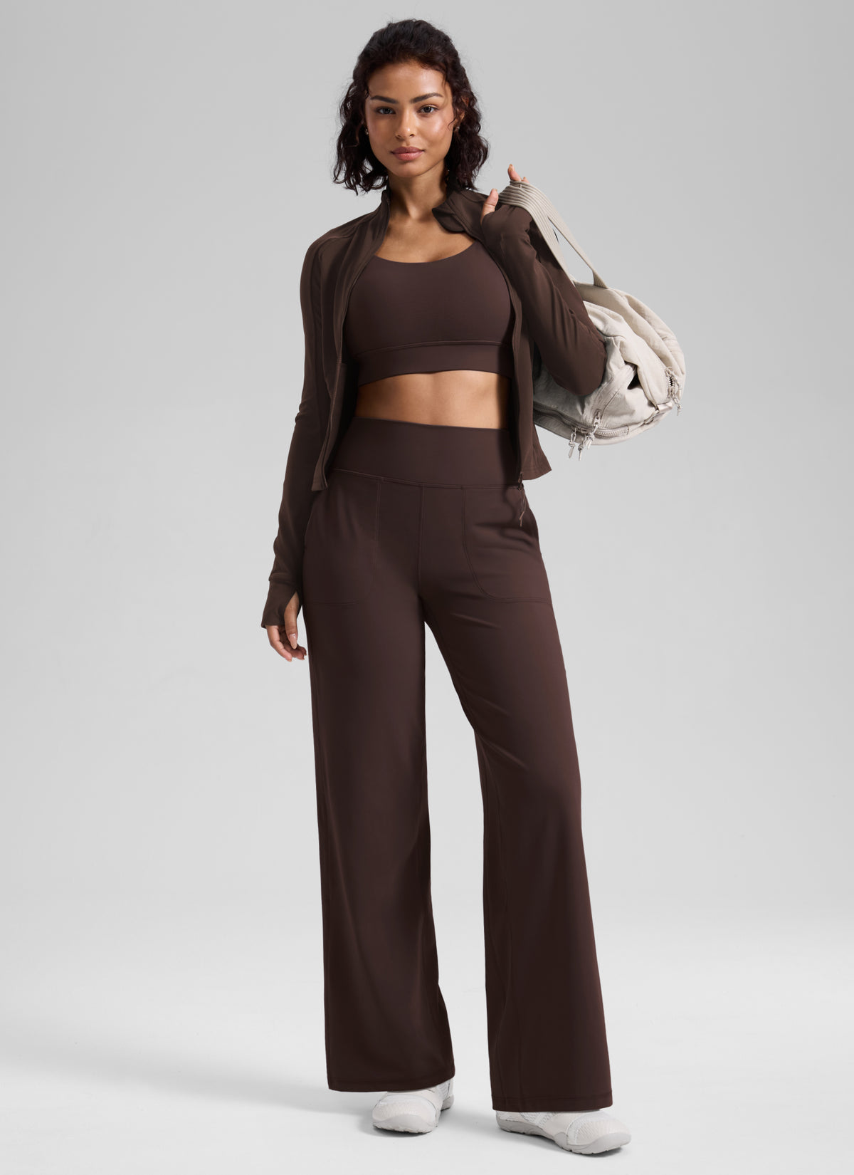 CRZ YOGA Women's Butterlift High Waisted Wide Leg Pants with Pockets Hot Fudge Brown @model_info:Q1