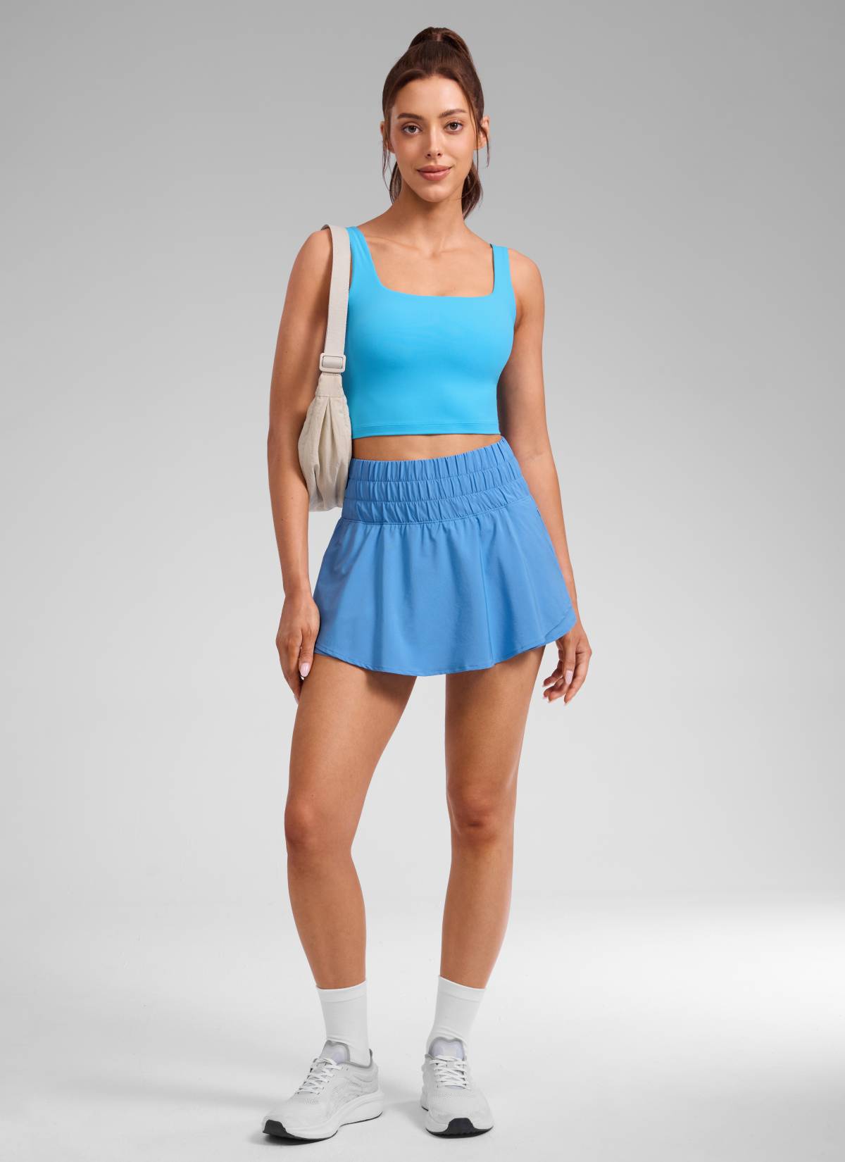 CRZ YOGA Women's Running Tennis High Waisted 2 in 1 Flowy Shorts Party Blue @model_info:Lary