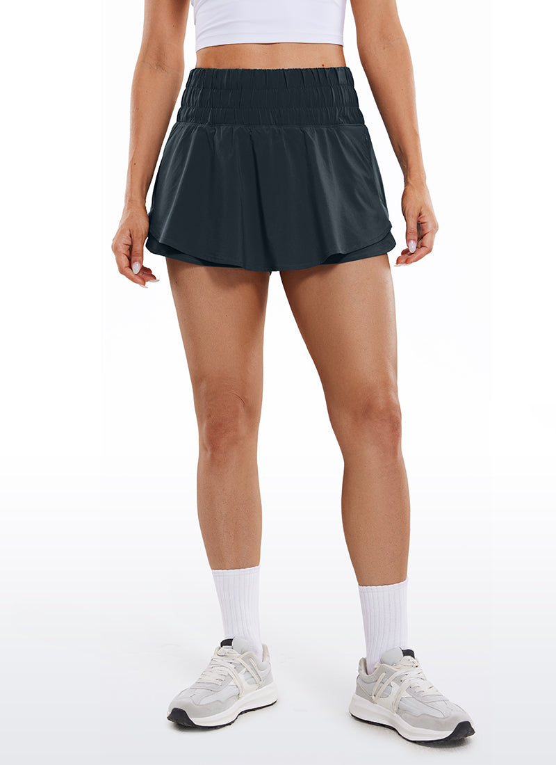 Feathery-Fit Soft High Waisted 2 in 1 Flowy Shorts with Zip Pockets