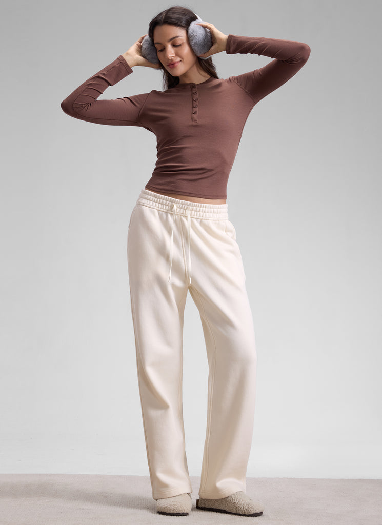 CRZ YOGA Womens Cotton Fleece Lined Straight Leg Lounge Sweatpants30'' White Apricot