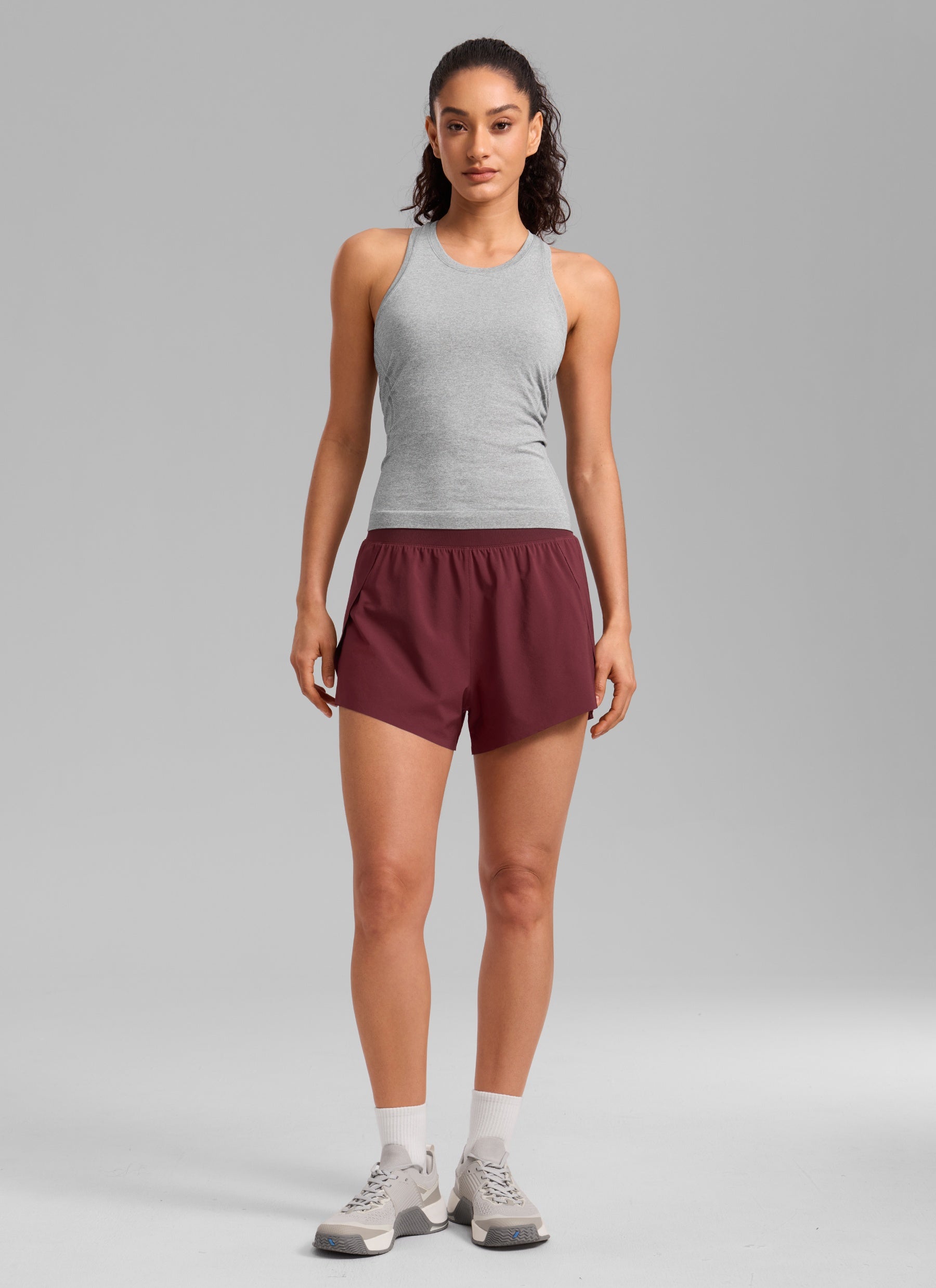 CRZ YOGA Women's Running Feathery-Fit Soft Spilt Short Quick Dry Lined Red Merlot