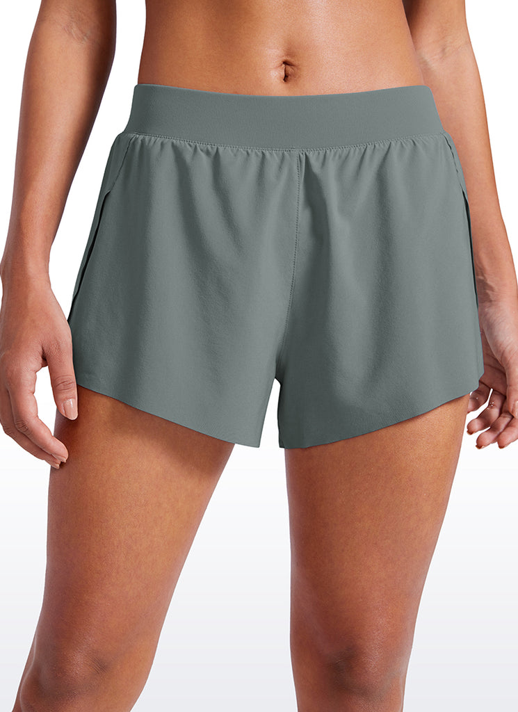 CRZ YOGA Women's Running Low Waisted V Split Mesh Lined Shorts 3'' Grey Sage