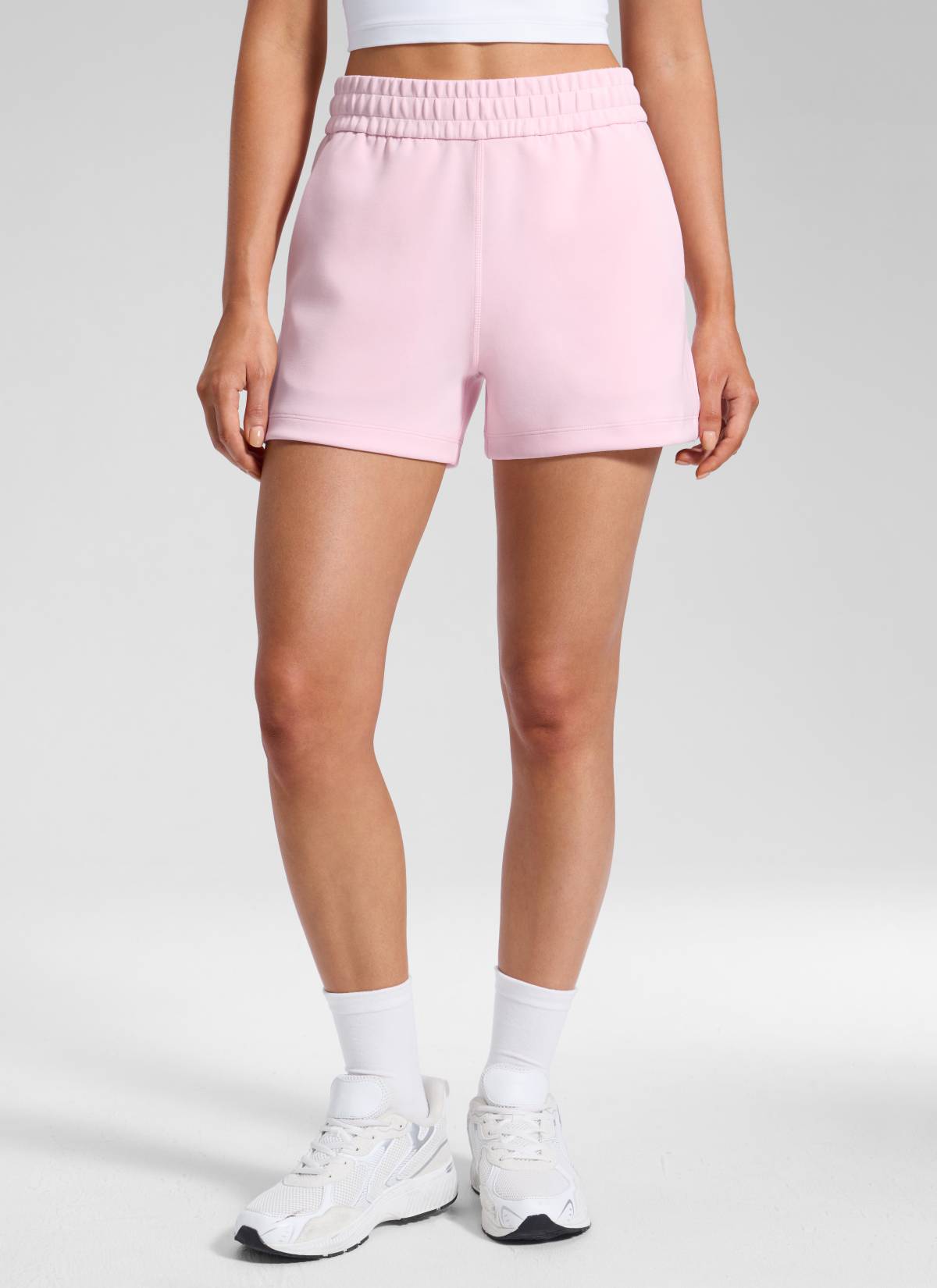 CRZYOGA Women SoftAura Sweat Shorts 4” with Pockets Drawstring Strawberry Pink