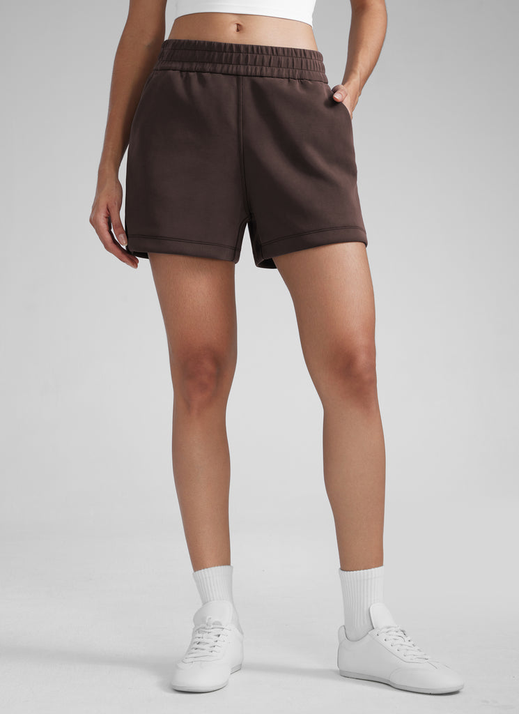 CRZYOGA Women SoftAura Sweat Shorts 4” with Pockets Drawstring Hot Fudge Brown