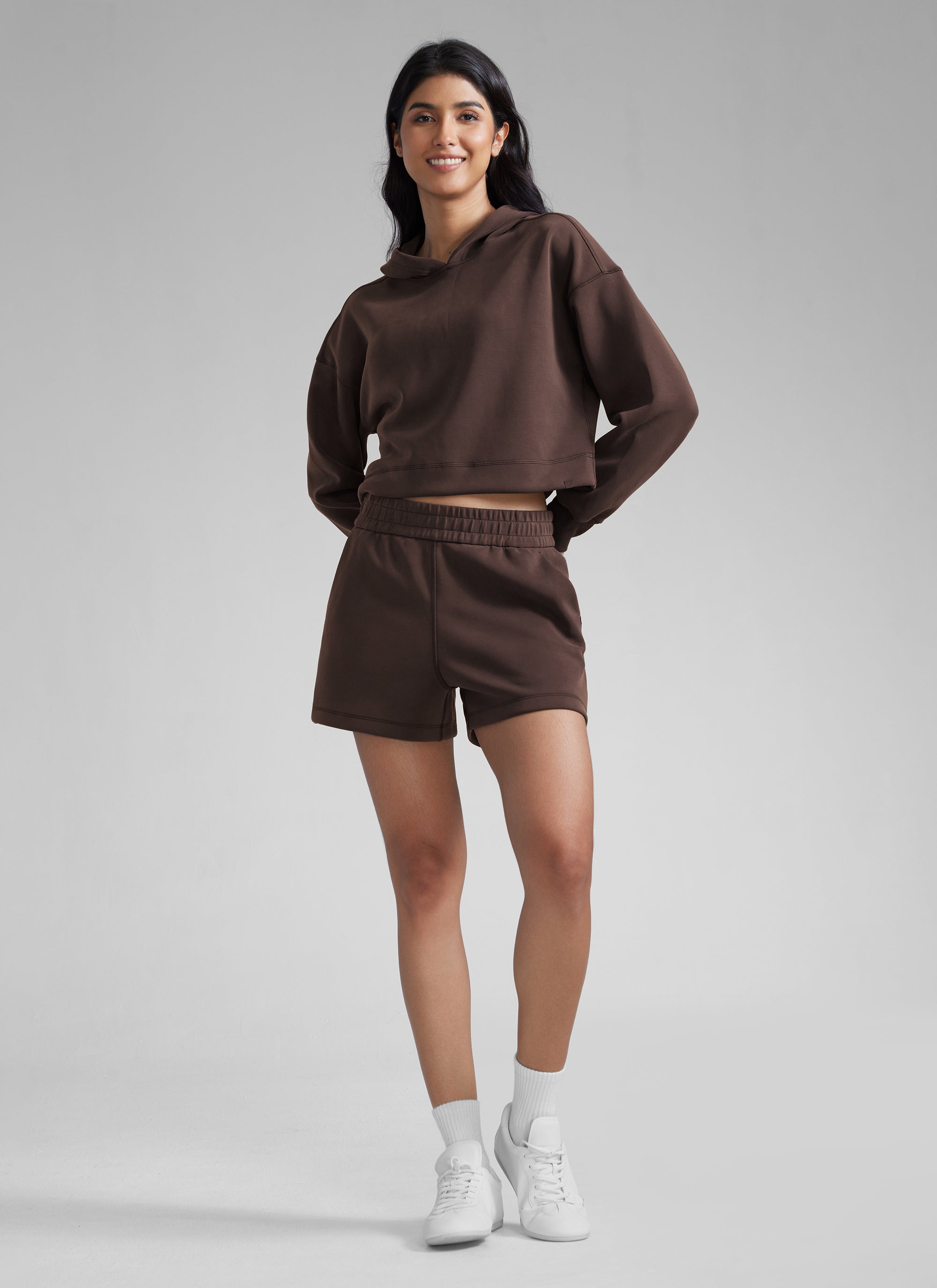 CRZYOGA Women SoftAura Sweat Shorts 4” with Pockets Drawstring Hot Fudge Brown