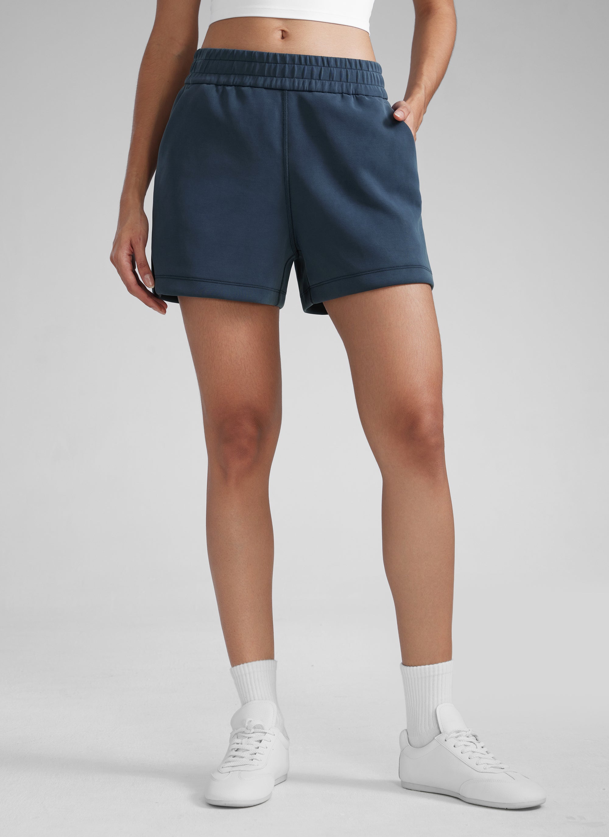 CRZYOGA Women SoftAura Sweat Shorts 4” with Pockets Drawstring Ink Blue @model_info:Paula