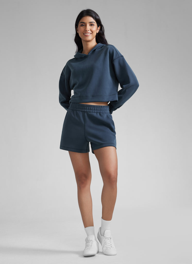 CRZYOGA Women SoftAura Sweat Shorts 4” with Pockets Drawstring Ink Blue