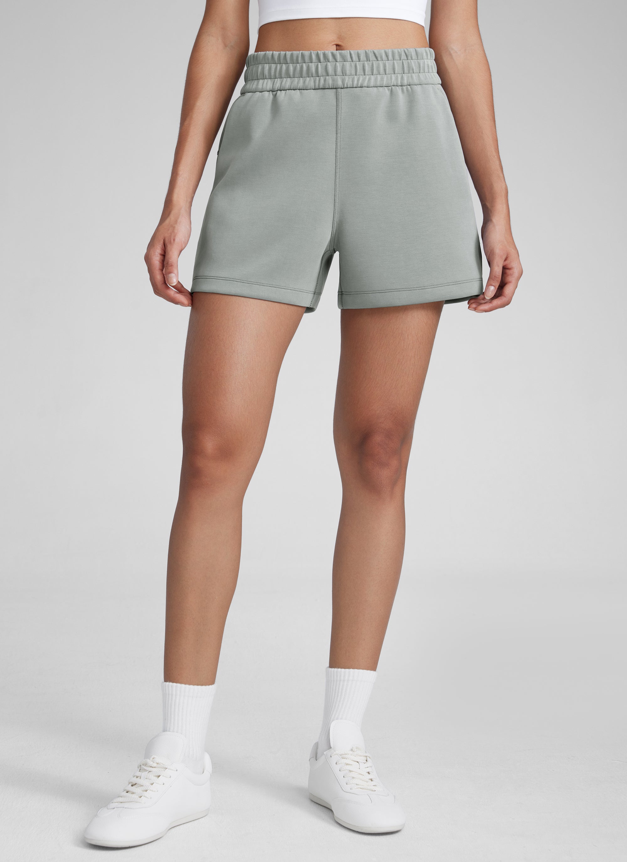 CRZYOGA Women SoftAura Sweat Shorts 4” with Pockets Drawstring Sterling @model_info:Paula