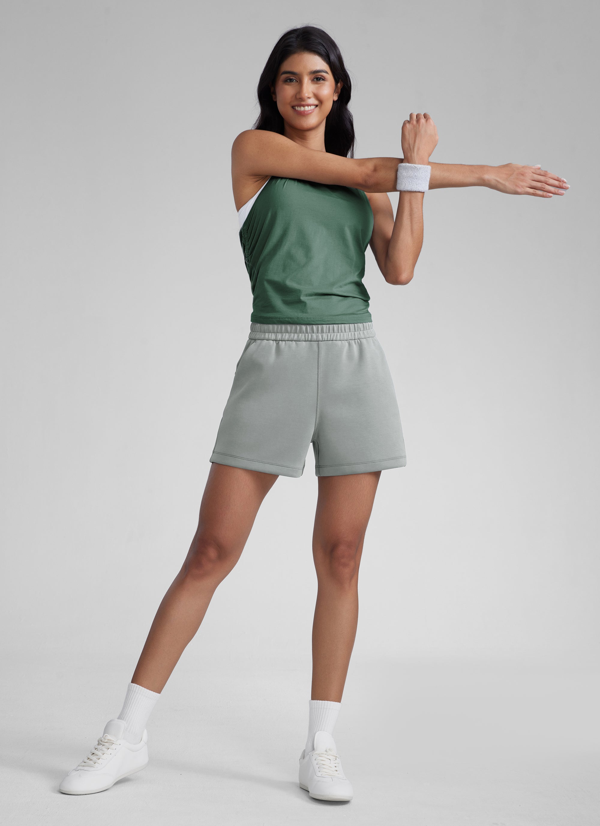 CRZYOGA Women SoftAura Sweat Shorts 4” with Pockets Drawstring Sterling @model_info:Paula