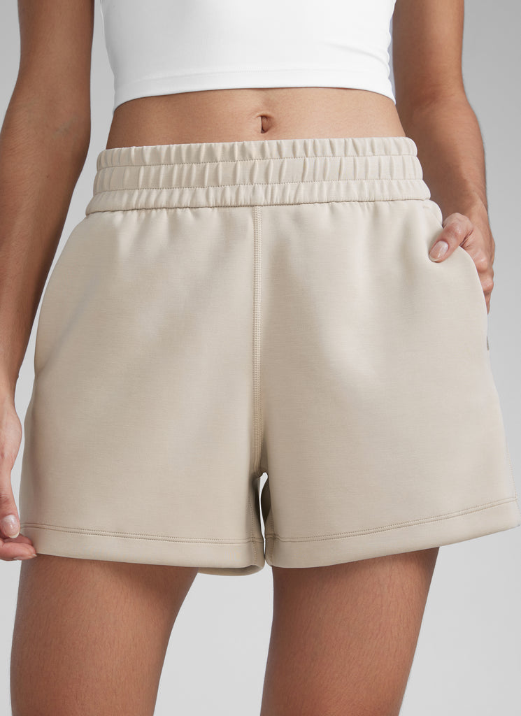 CRZYOGA Women SoftAura Sweat Shorts 4” with Pockets Drawstring Mojave Tan