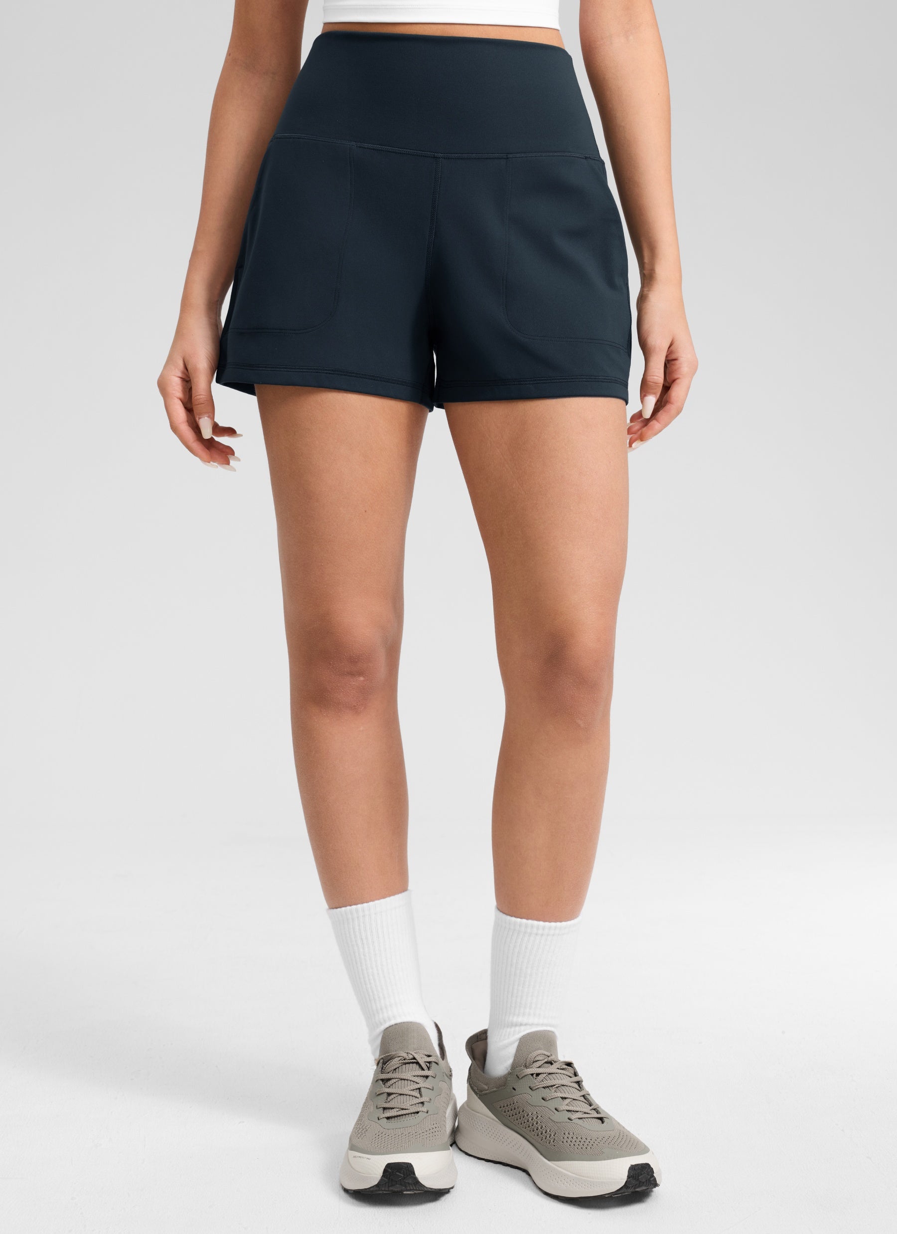 CRZ YOGA Women Butterlift High Waisted Shorts with Pockets Linerless True Navy @model_info:Anano