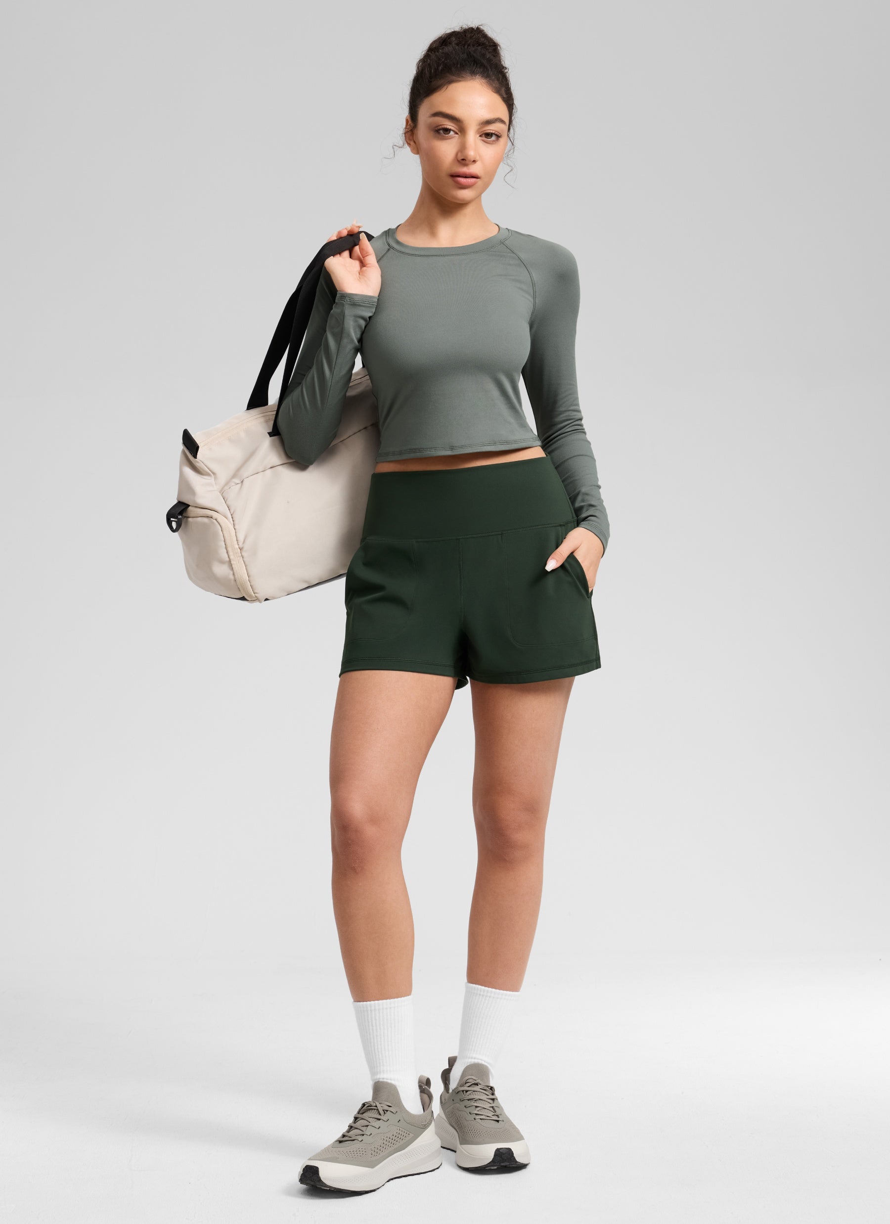 CRZ YOGA Women Butterlift High Waisted Shorts with Pockets Linerless Legend Green @model_info:Anano