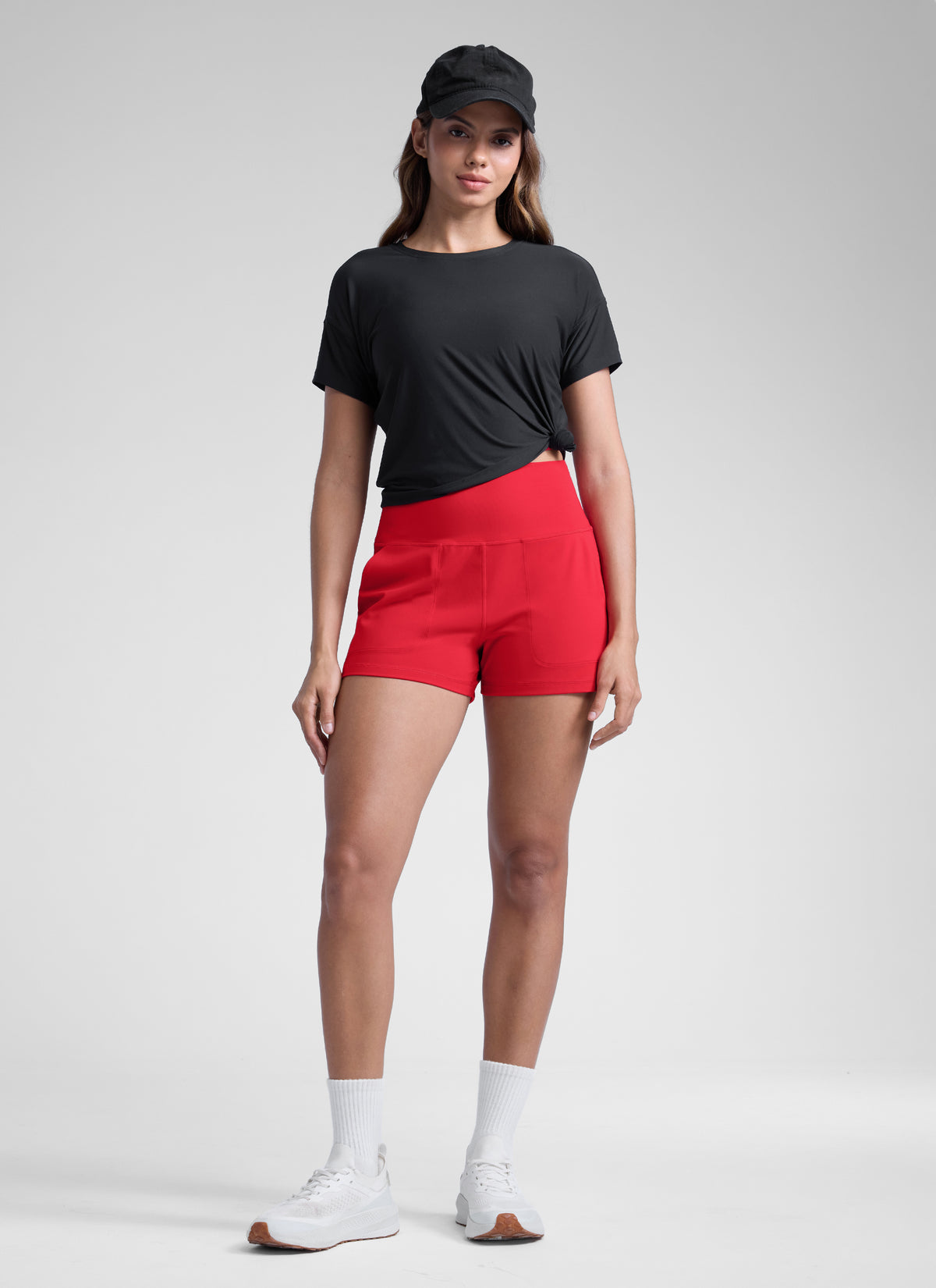 CRZ YOGA Women Butterlift High Waisted Shorts with Pockets Linerless Aurora Red @model_info:Dany