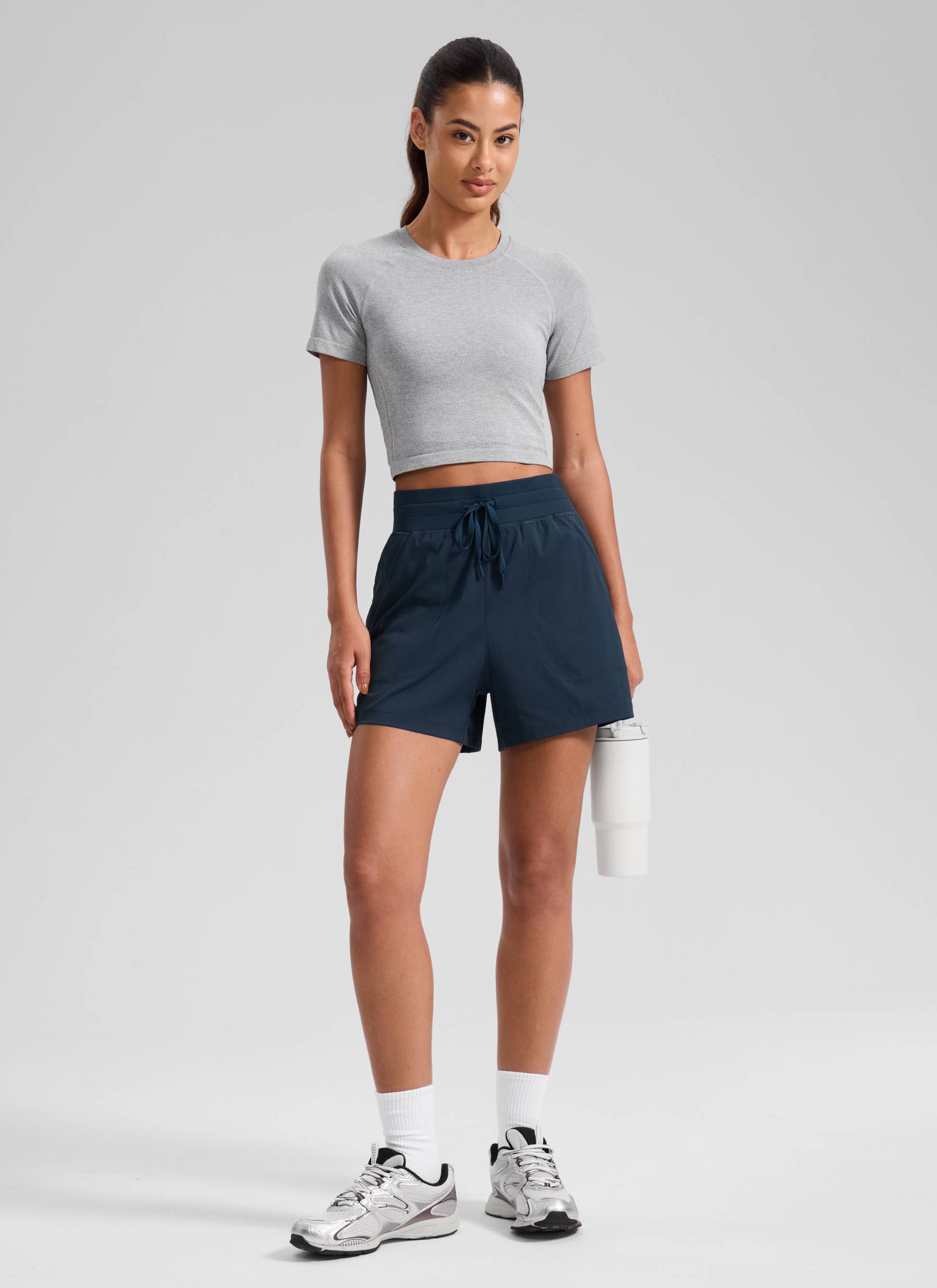 CRZ YOGA Women's Casual High Rise Drawstring Pocketed Shorts 3.5