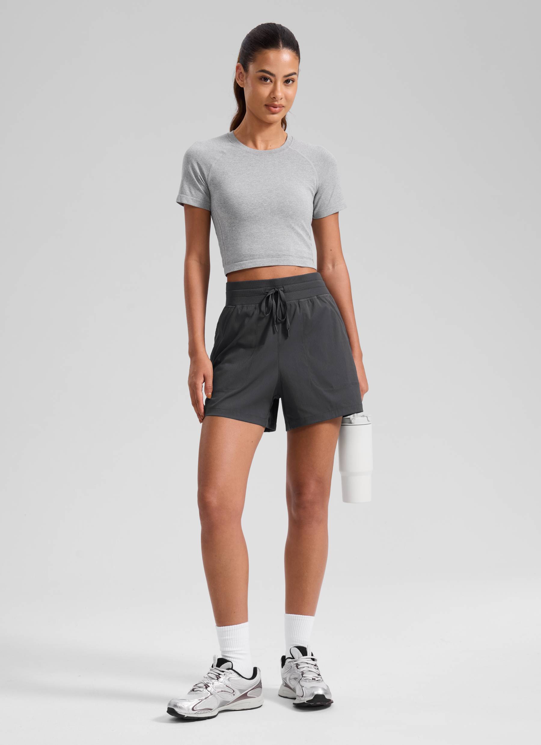CRZ YOGA Women's Casual High Rise Drawstring Pocketed Shorts 3.5