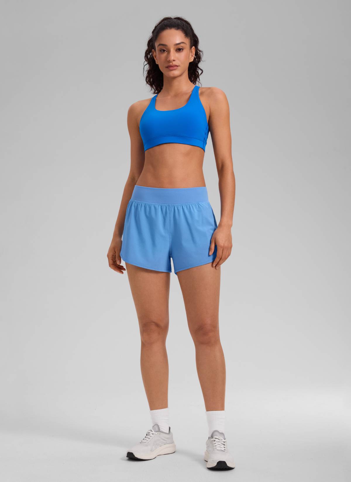 CRZ YOGA Women's Feathery-Fit Soft Mid Waisted Shorts 3” with Pockets Liner Party Blue