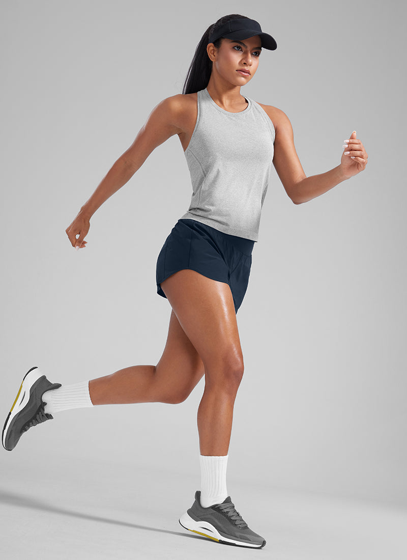 CRZ YOGA Women's Feathery-Fit Soft Mid Waisted Shorts 3” with Pockets Liner True Navy @model_info:Amanda