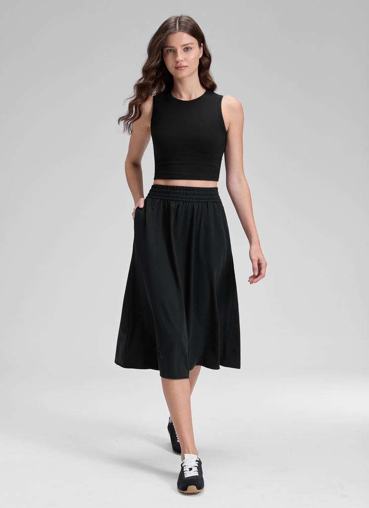 CRZ YOGA Women's Causal High Rise A line Flowy Midi Pocket Skirts 28'' Black