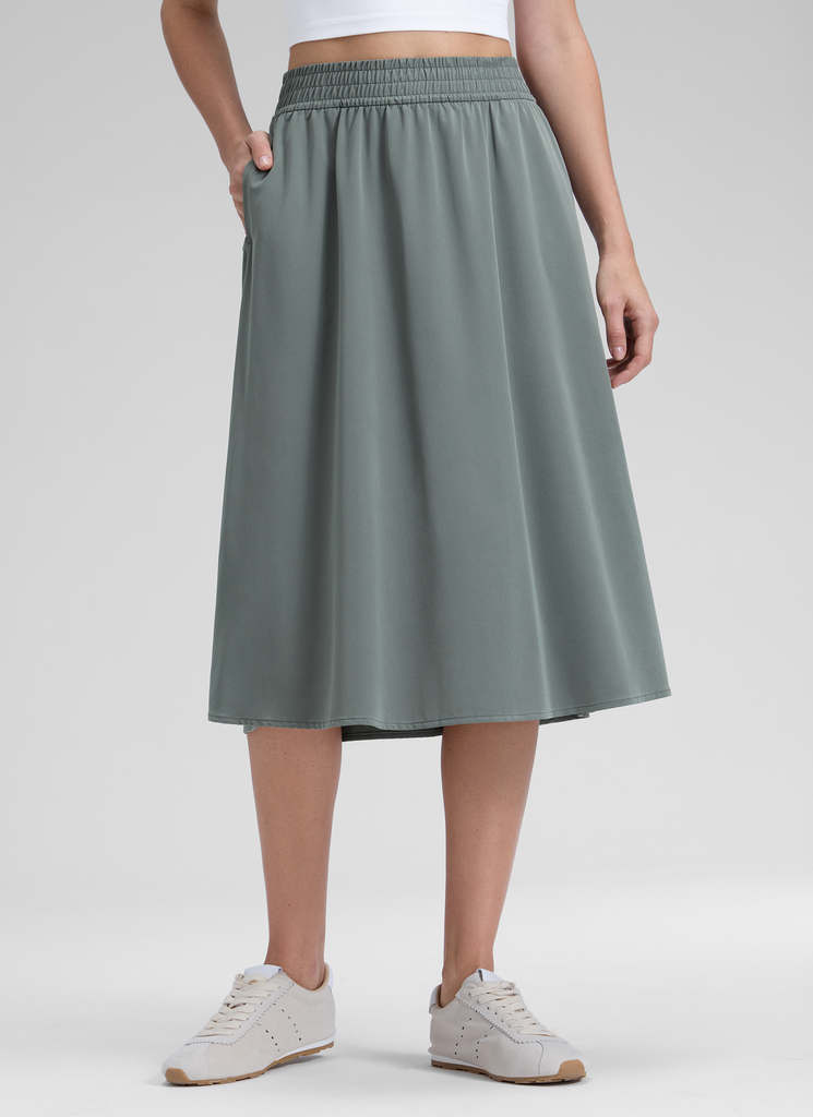 CRZ YOGA Women's Causal High Rise A line Flowy Midi Pocket Skirts 28'' Grey Sage