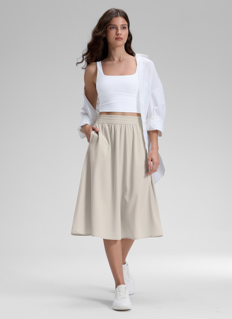 CRZ YOGA Women's Causal High Rise A line Flowy Midi Pocket Skirts 28'' Hot Fudge Brown