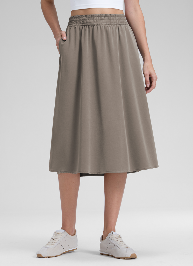 CRZ YOGA Women's Causal High Rise A line Flowy Midi Pocket Skirts 28'' Hot Fudge Brown