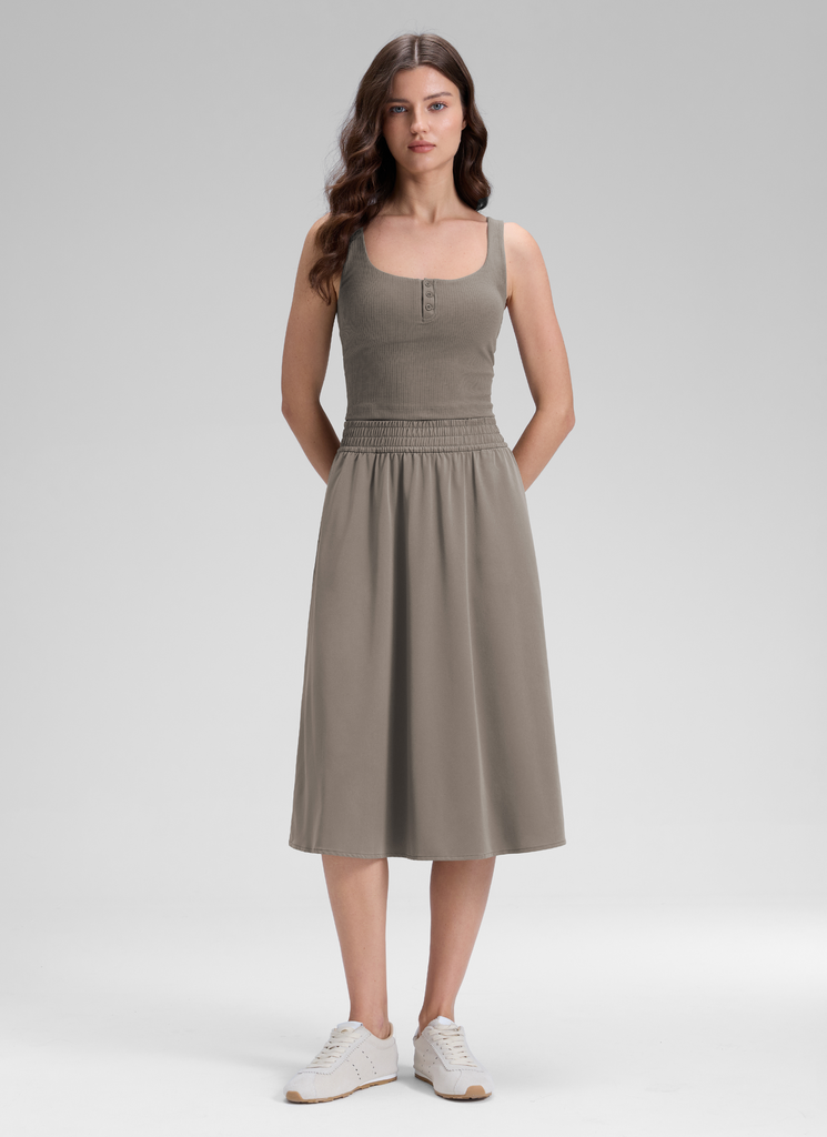 CRZ YOGA Women's Causal High Rise A line Flowy Midi Pocket Skirts 28'' Mojave Tan