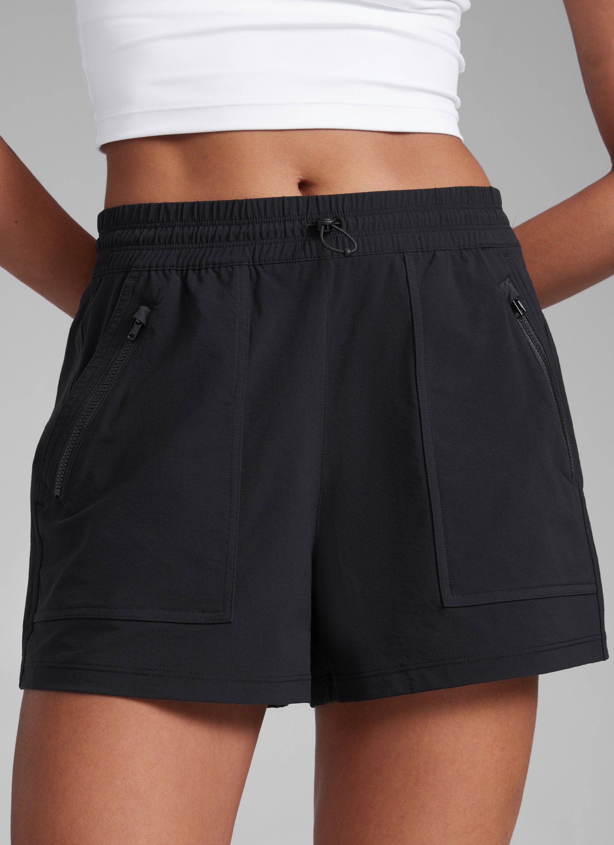 CRZYOGA Women's Lightweight Stretch Water-Repellent Hiking Pocket Short 3'' Black @model_info:J