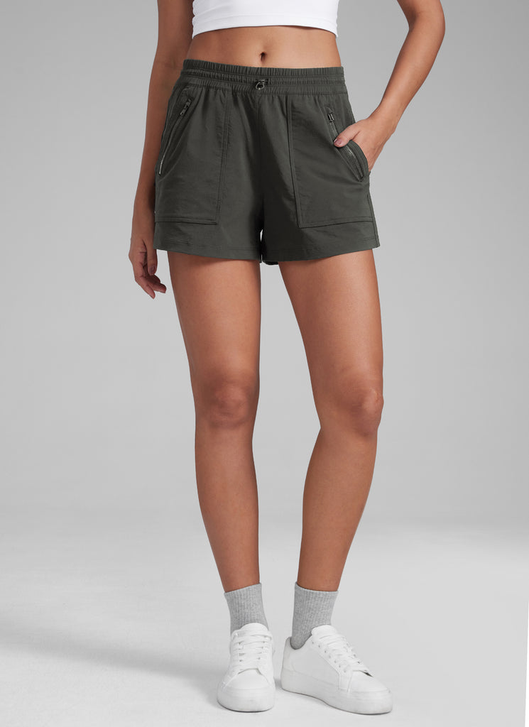 CRZYOGA Women's Lightweight Stretch Water-Repellent Hiking Pocket Short 3'' Arbor Olive