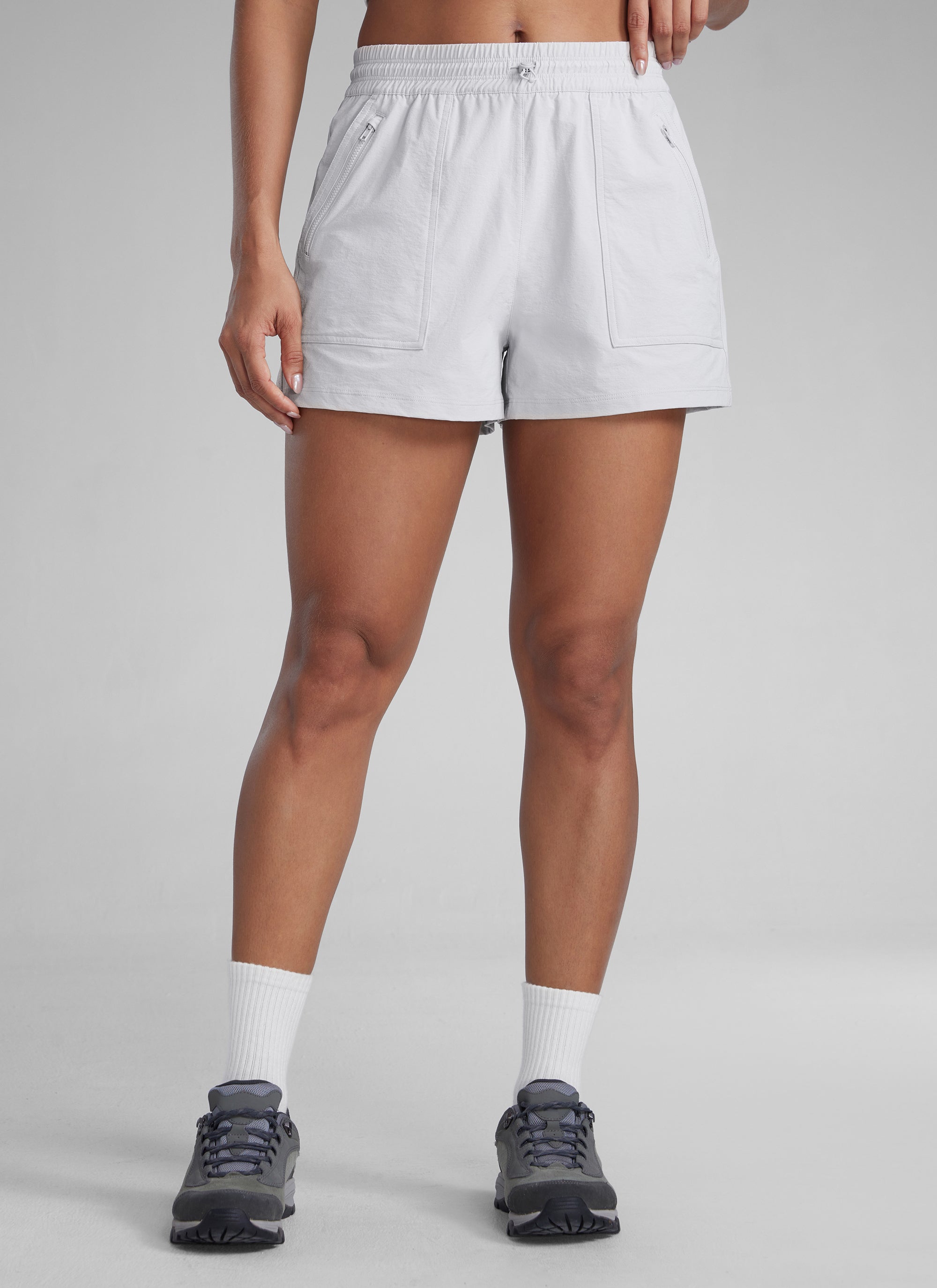 CRZYOGA Women's Lightweight Stretch Water-Repellent Hiking Pocket Short 3'' Platinum Grey