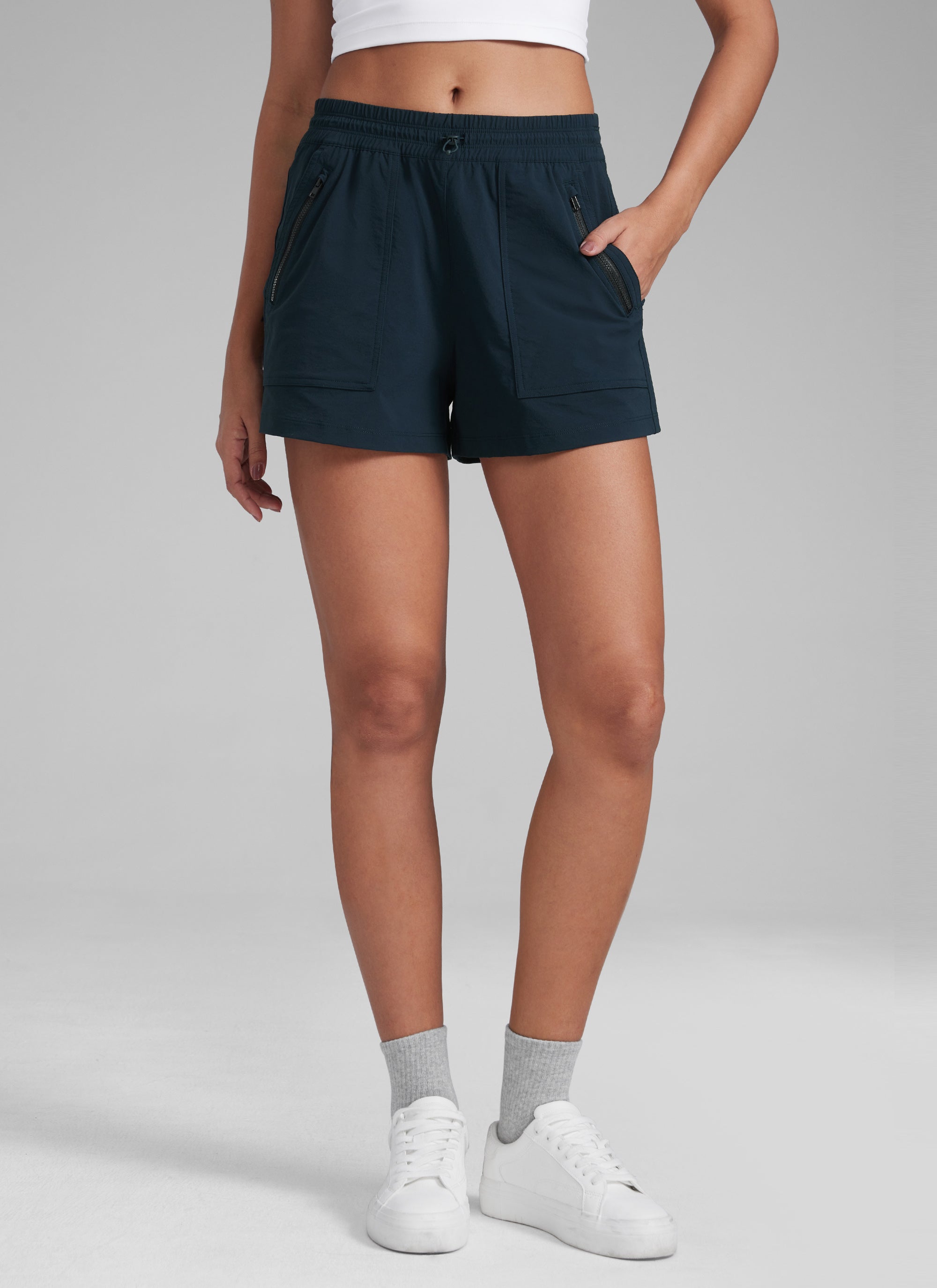 CRZYOGA Women's Lightweight Stretch Water-Repellent Hiking Pocket Short 3'' True Navy @model_info:J