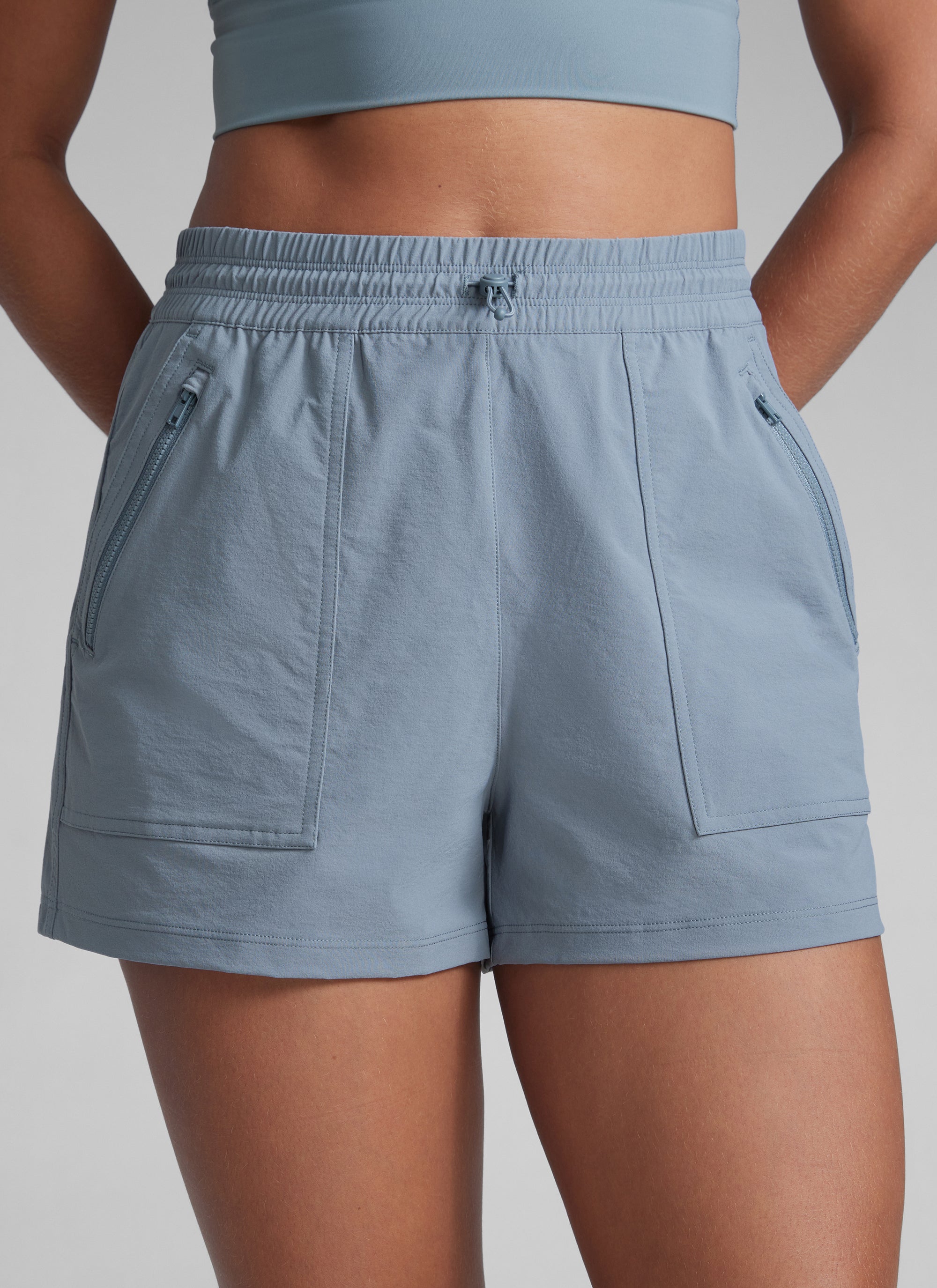 CRZYOGA Women's Lightweight Stretch Water-Repellent Hiking Pocket Short 3'' Belgian Blue @model_info:Gigi