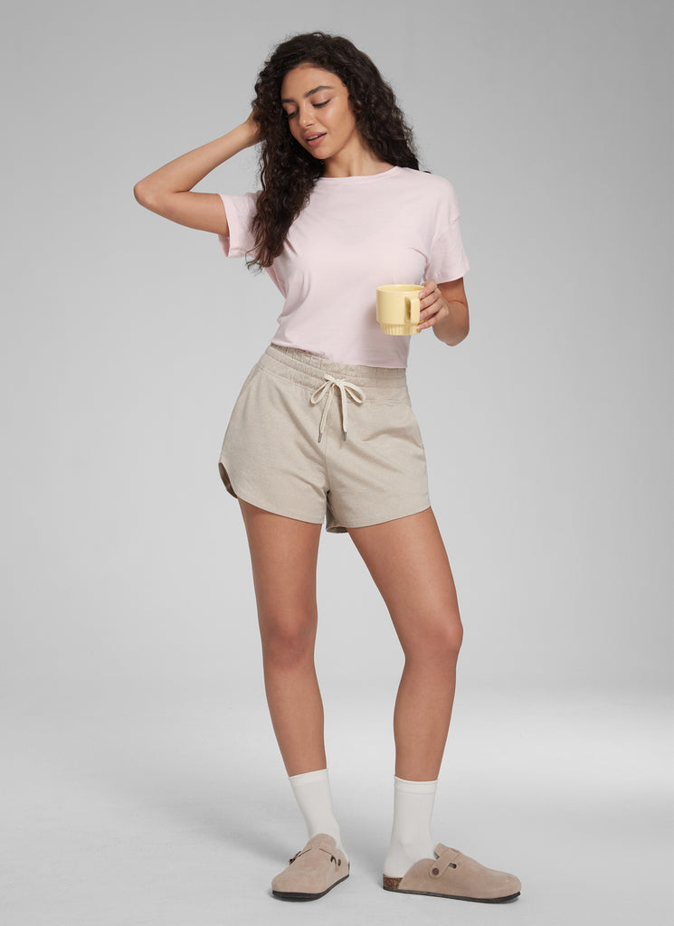 CRZ YOGA Women's Cloud Jersey High Rise Dolphin Casual Sweat Short 3'' Mojave Tan