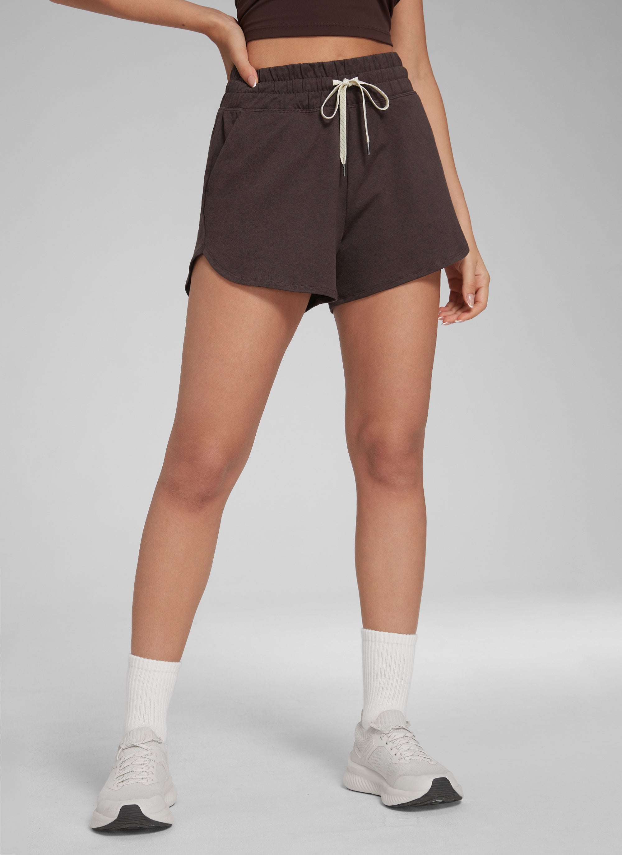 CRZ YOGA Women's Cloud Jersey High Rise Dolphin Casual Sweat Short 3'' Hot Fudge Brown @model_info:Anano