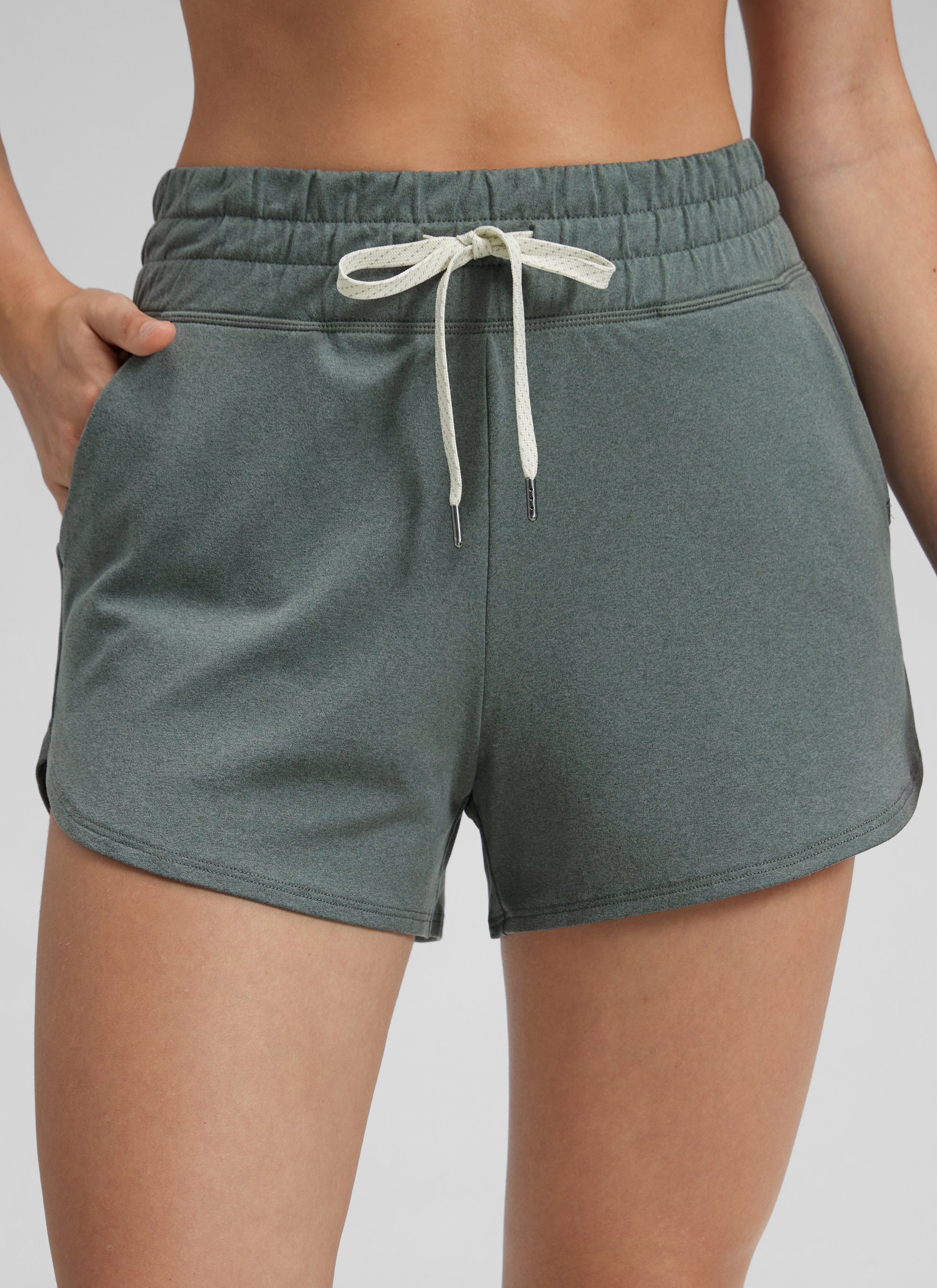 CRZ YOGA Women's Cloud Jersey High Rise Dolphin Casual Sweat Short 3'' Grey Sage @model_info:Kate