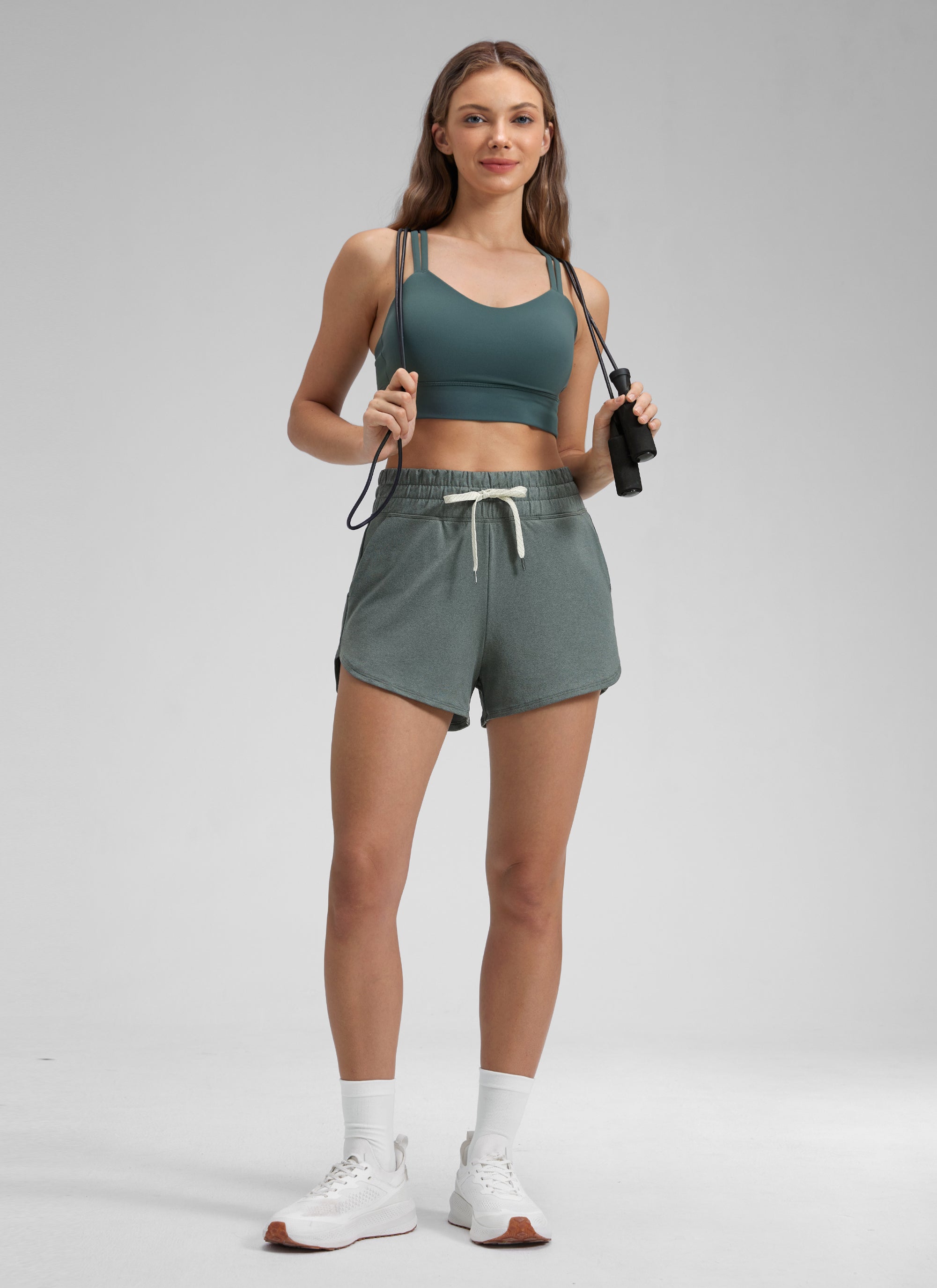 CRZ YOGA Women's Cloud Jersey High Rise Dolphin Casual Sweat Short 3'' Grey Sage @model_info:Kate