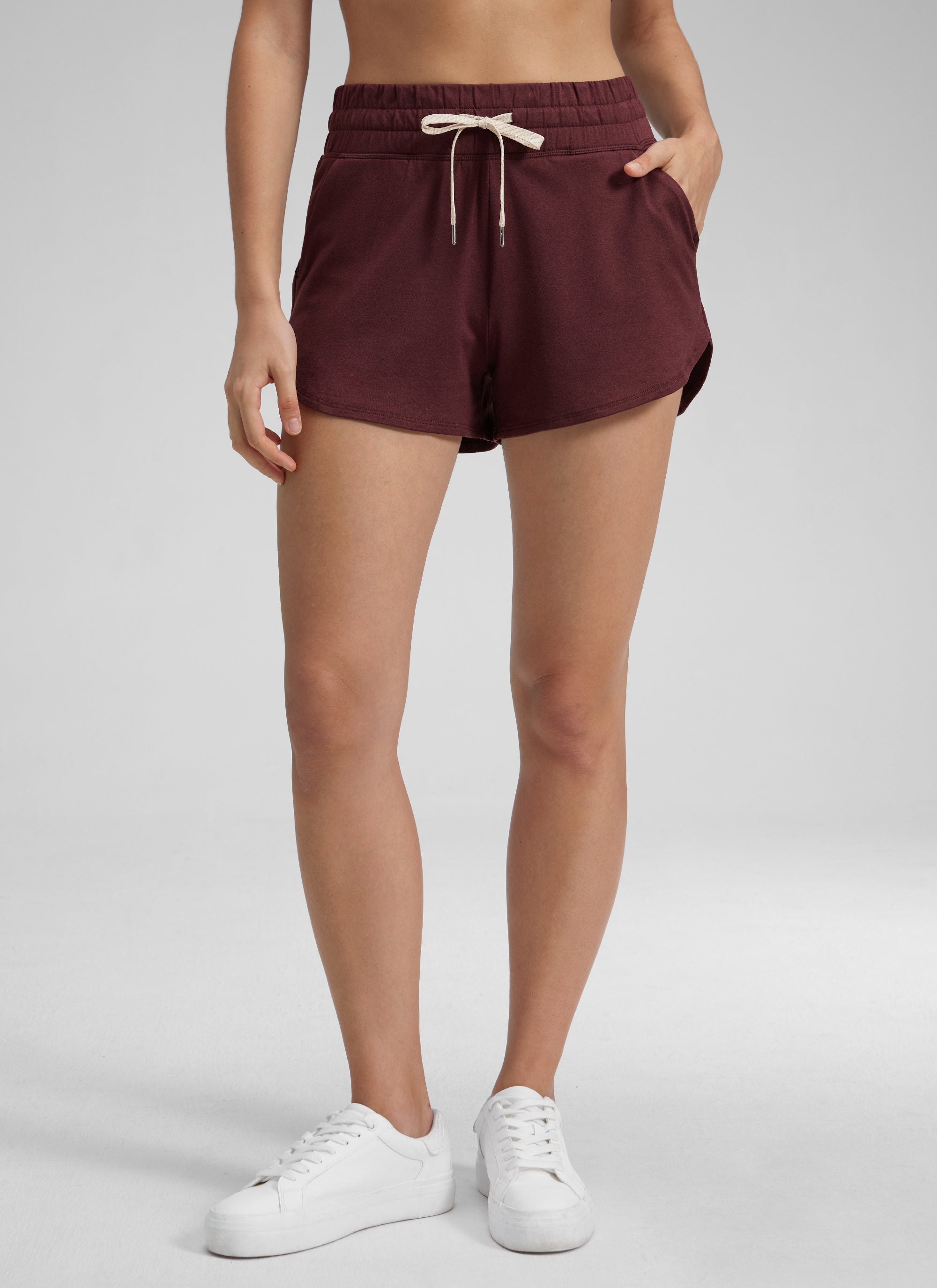 CRZ YOGA Women's Cloud Jersey High Rise Dolphin Casual Sweat Short 3'' Red Merlot @model_info:Kate