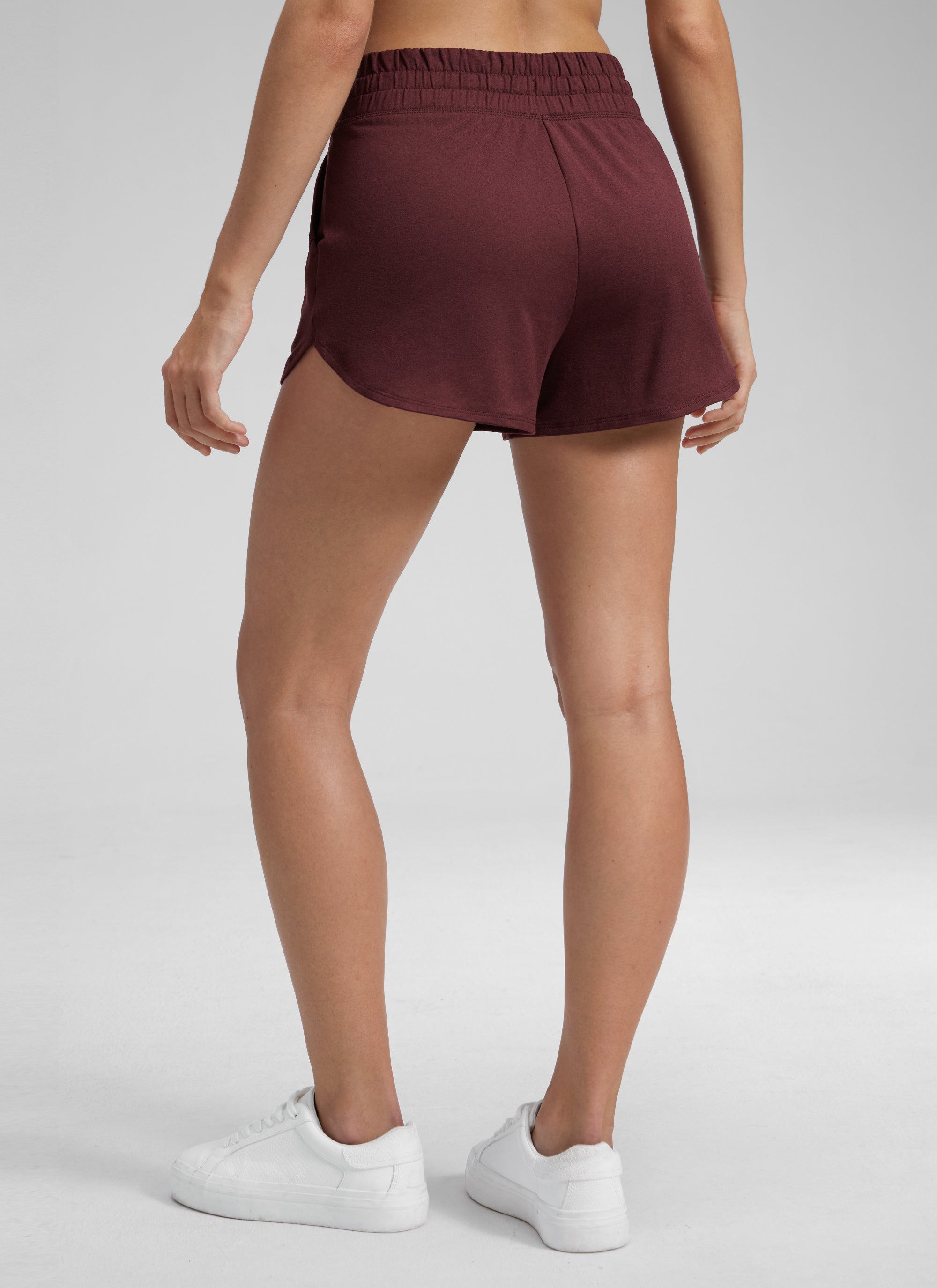CRZ YOGA Women's Cloud Jersey High Rise Dolphin Casual Sweat Short 3'' Red Merlot @model_info:Kate