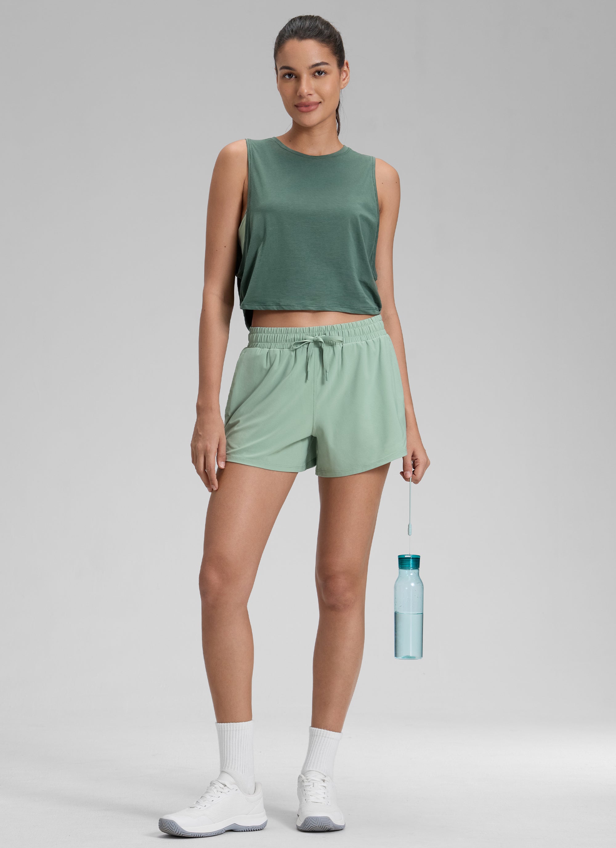 CRZ YOGA Women's Casual Regular Fit High Rise Tennis 2 in 1 Shorts Green Palm Court