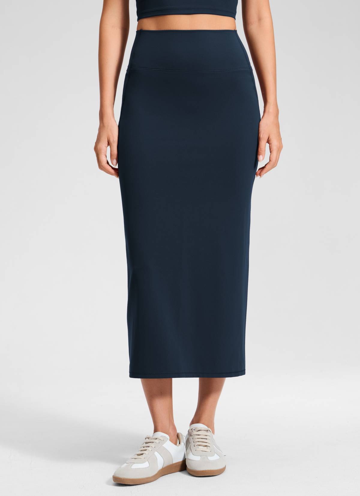 CRZ YOGA Women's Butterlift High Rise Slim Fit Maxi Pencil Skirt True Navy @model_info:Anna