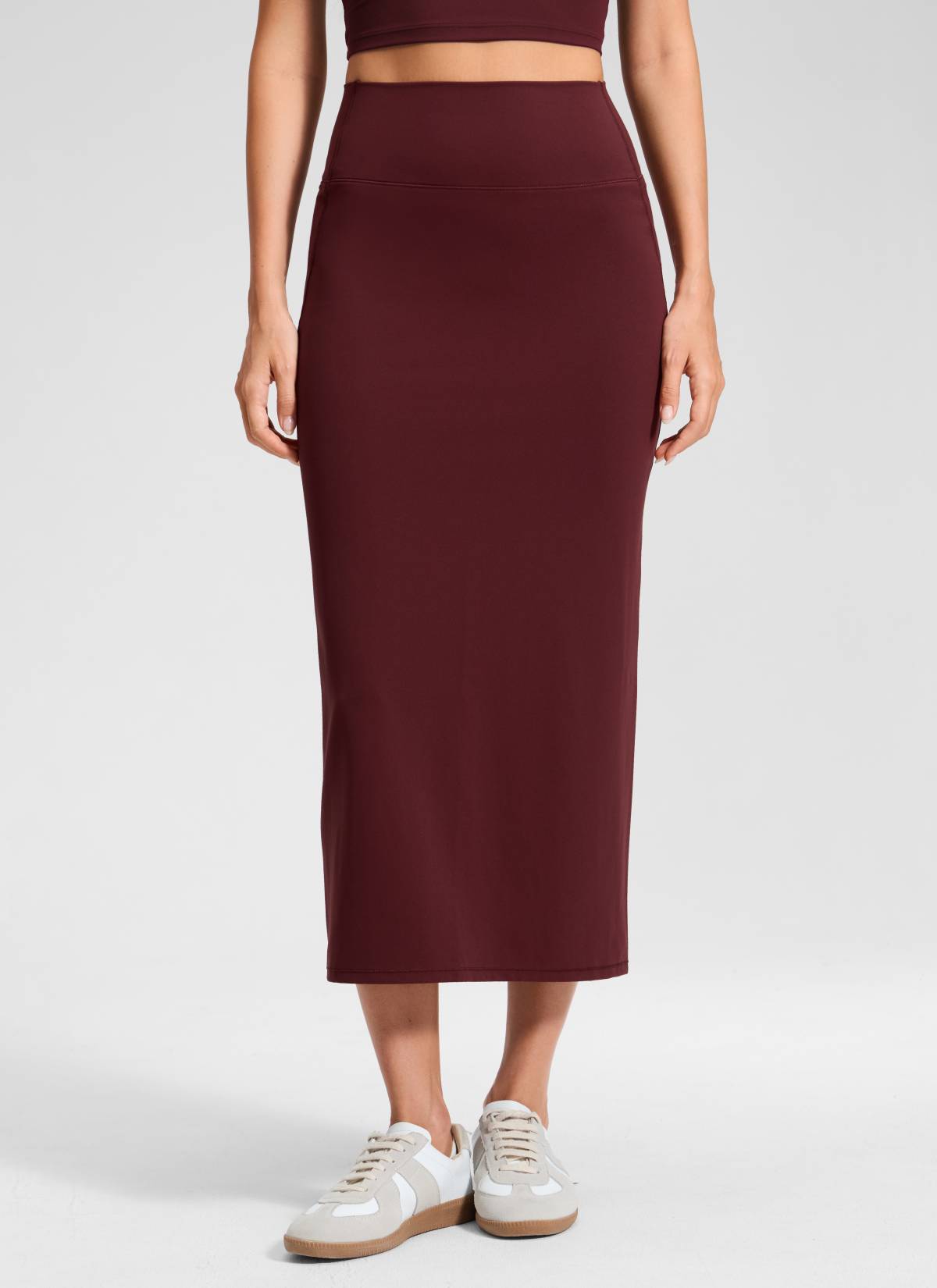 CRZ YOGA Women's Butterlift High Rise Slim Fit Maxi Pencil Skirt Red Merlot @model_info:Anna