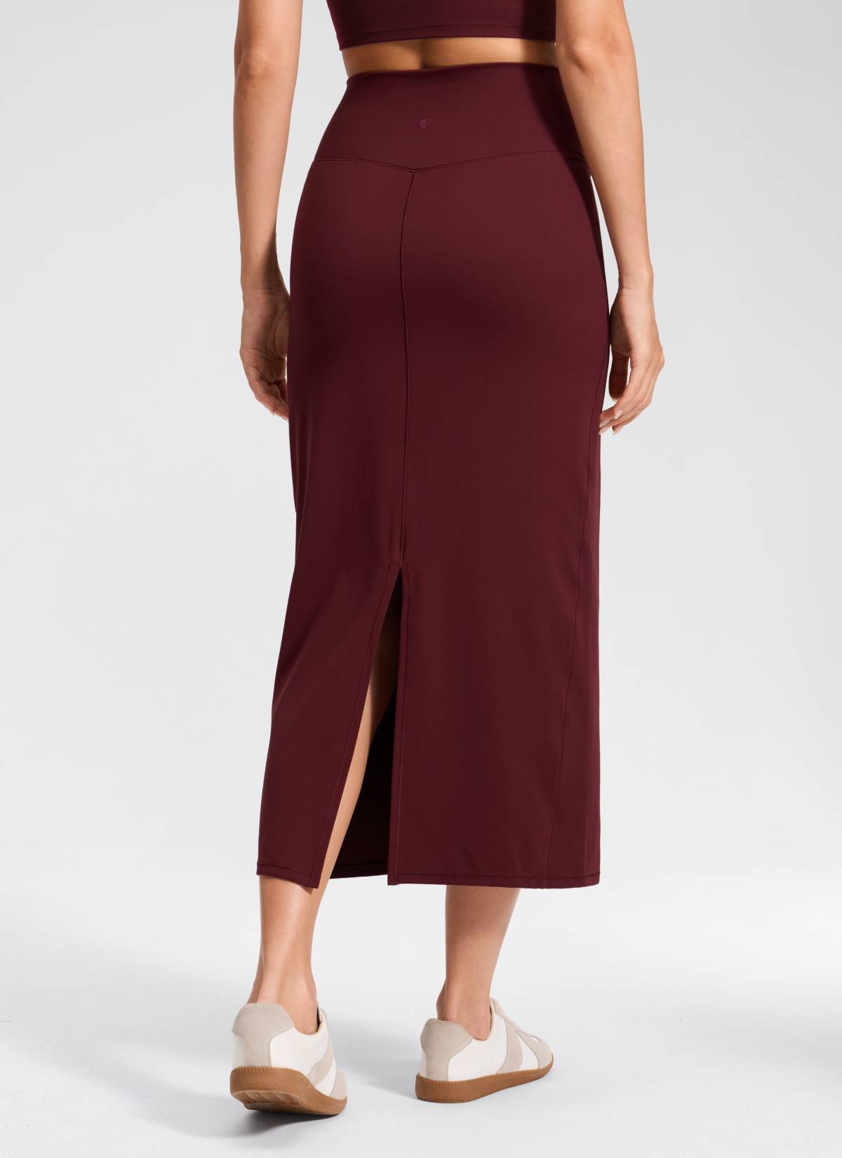 CRZ YOGA Women's Butterlift High Rise Slim Fit Maxi Pencil Skirt Red Merlot @model_info:Anna