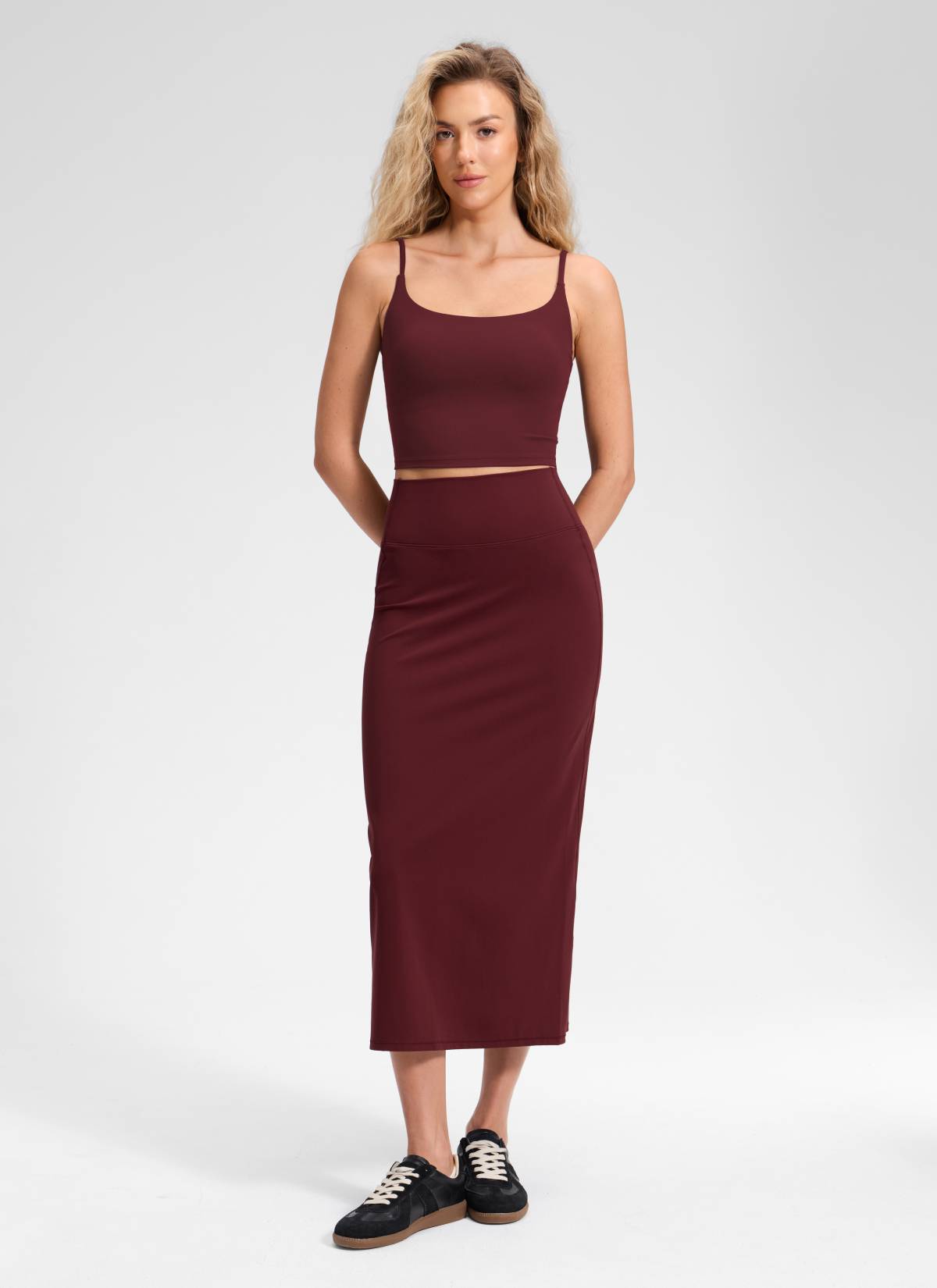 CRZ YOGA Women's Butterlift High Rise Slim Fit Maxi Pencil Skirt Red Merlot @model_info:Anna