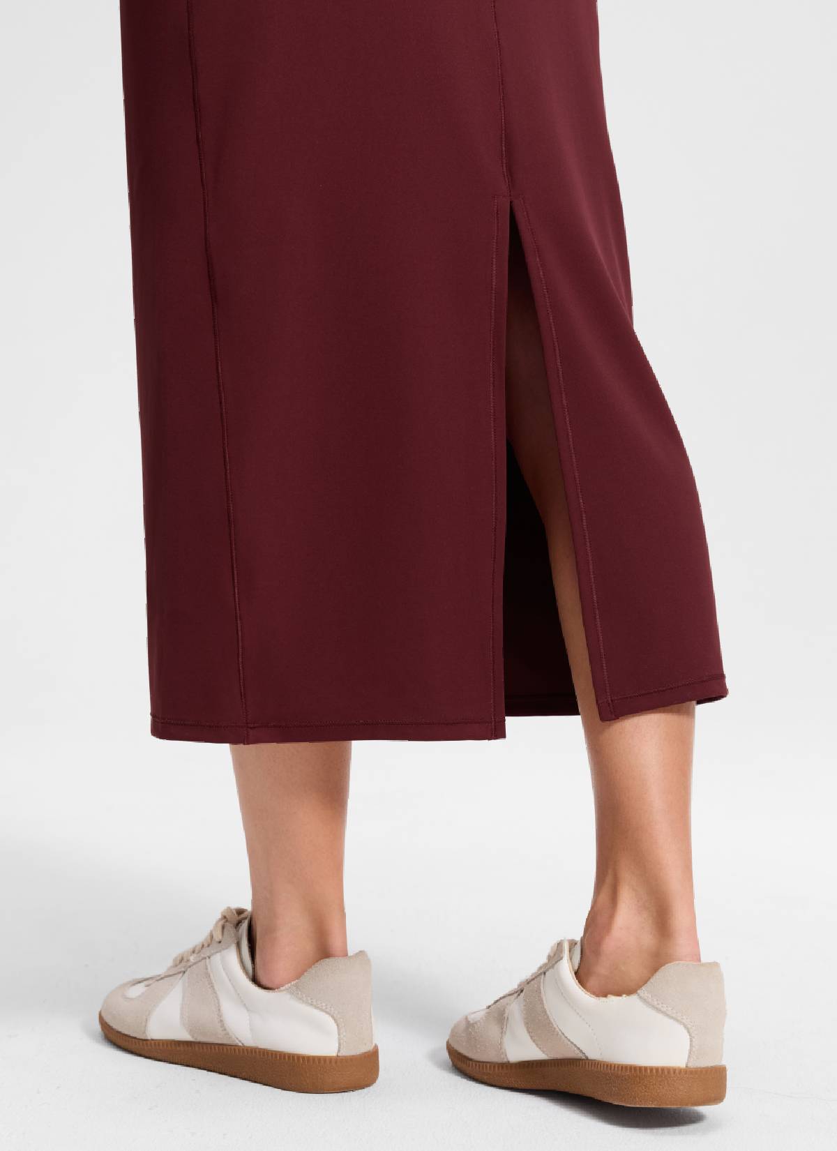 CRZ YOGA Women's Butterlift High Rise Slim Fit Maxi Pencil Skirt Red Merlot @model_info:Anna