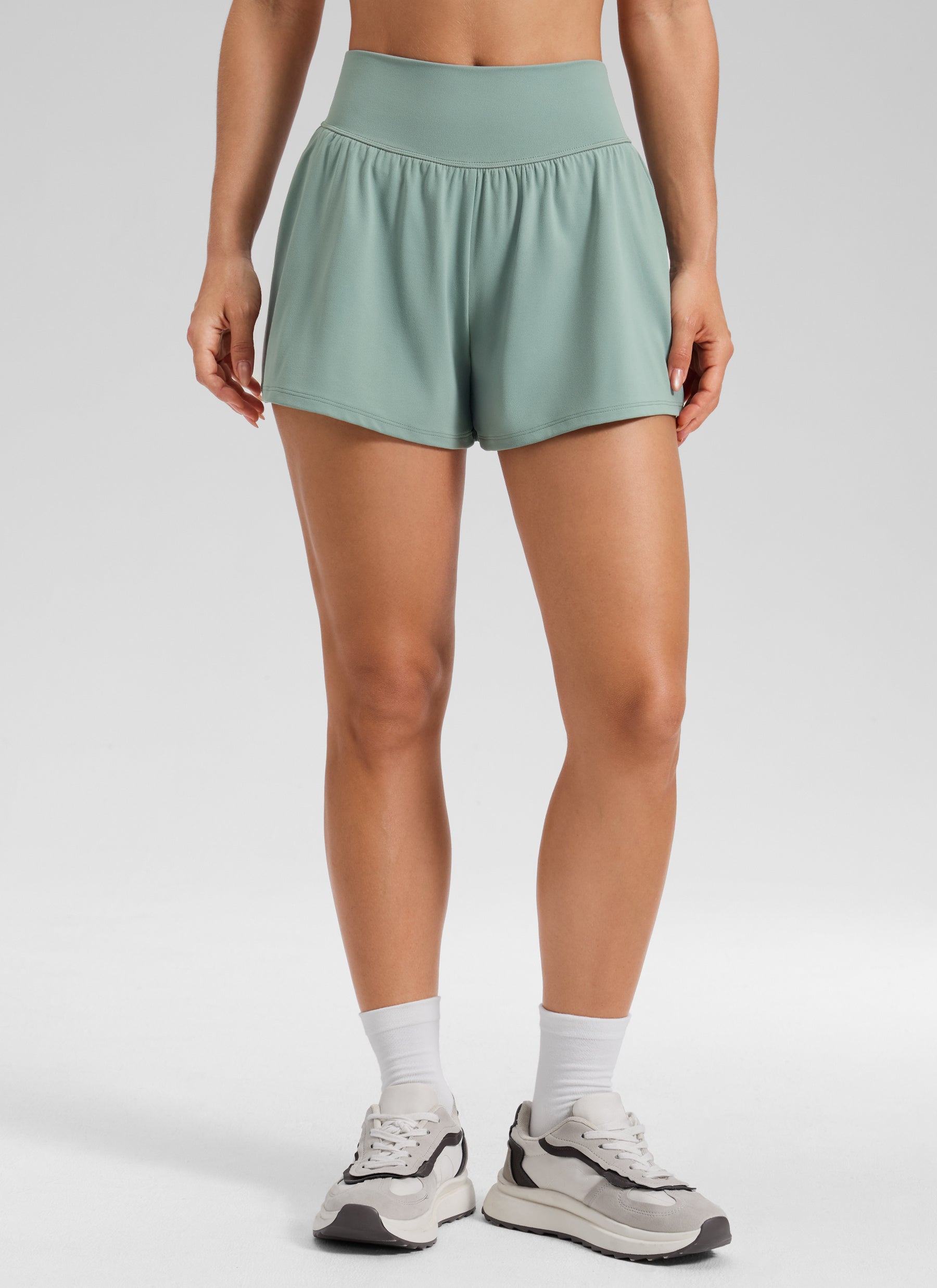 CRZ YOGA Women's Softretch Yoga High Rise Pocket Flowy 2 in 1 Shorts Crater Green