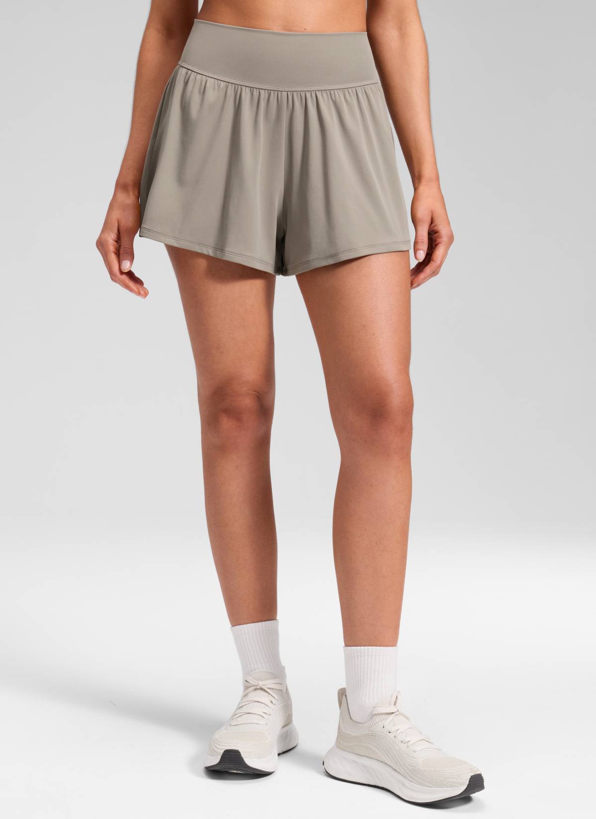 CRZ YOGA Women's Softretch Yoga High Rise Pocket Flowy 2 in 1 Shorts Warm Ash Grey