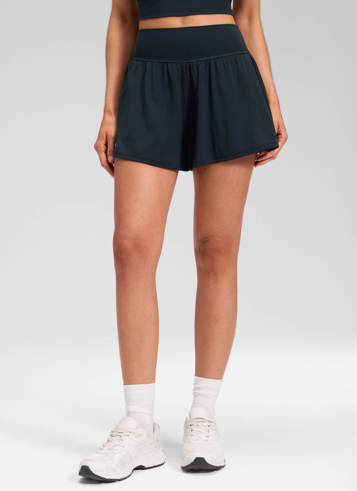CRZ YOGA Women's Softretch Yoga High Rise Pocket Flowy 2 in 1 Shorts True Navy